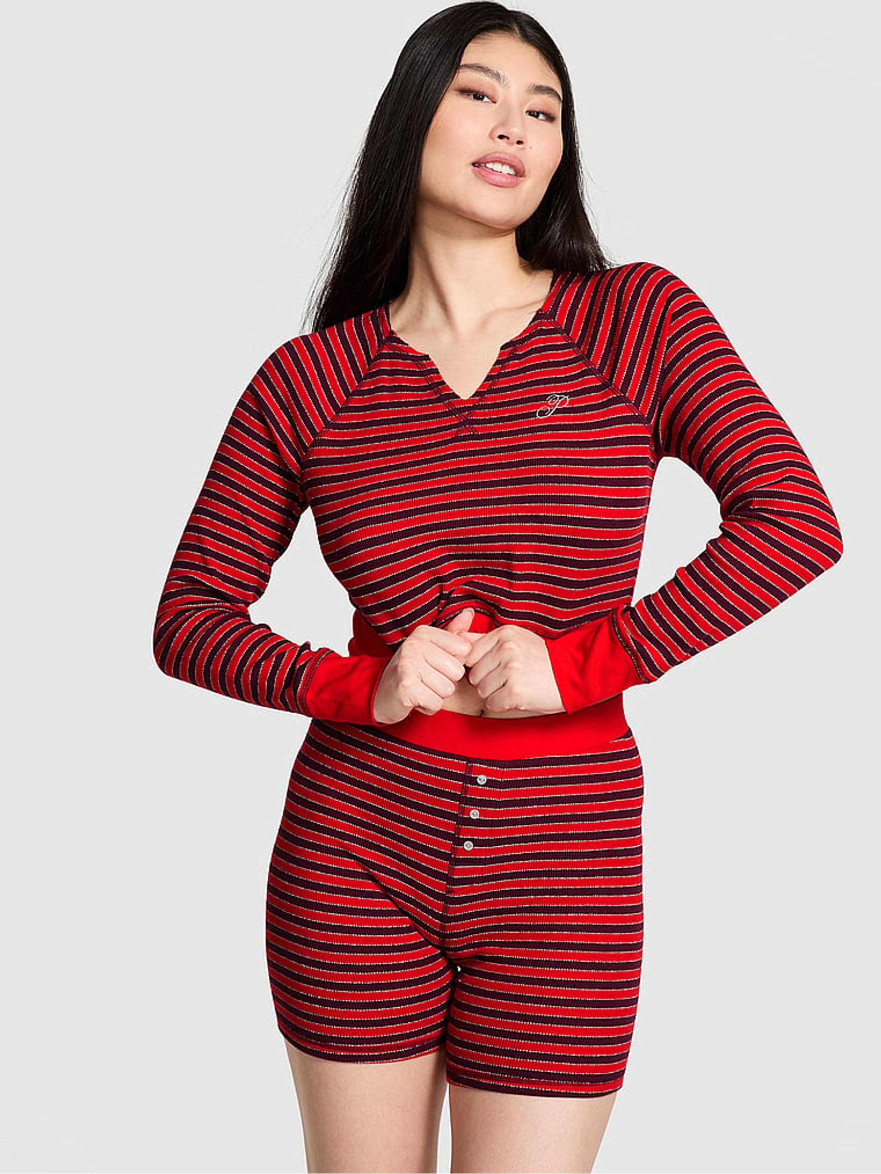 Bright Vermillion Christmas Red Stripe Thermal Pyjamas Set - Image 1 of 2 Bright Vermillion Christmas Red Stripe Thermal Pyjamas Set - Image 1 of 2