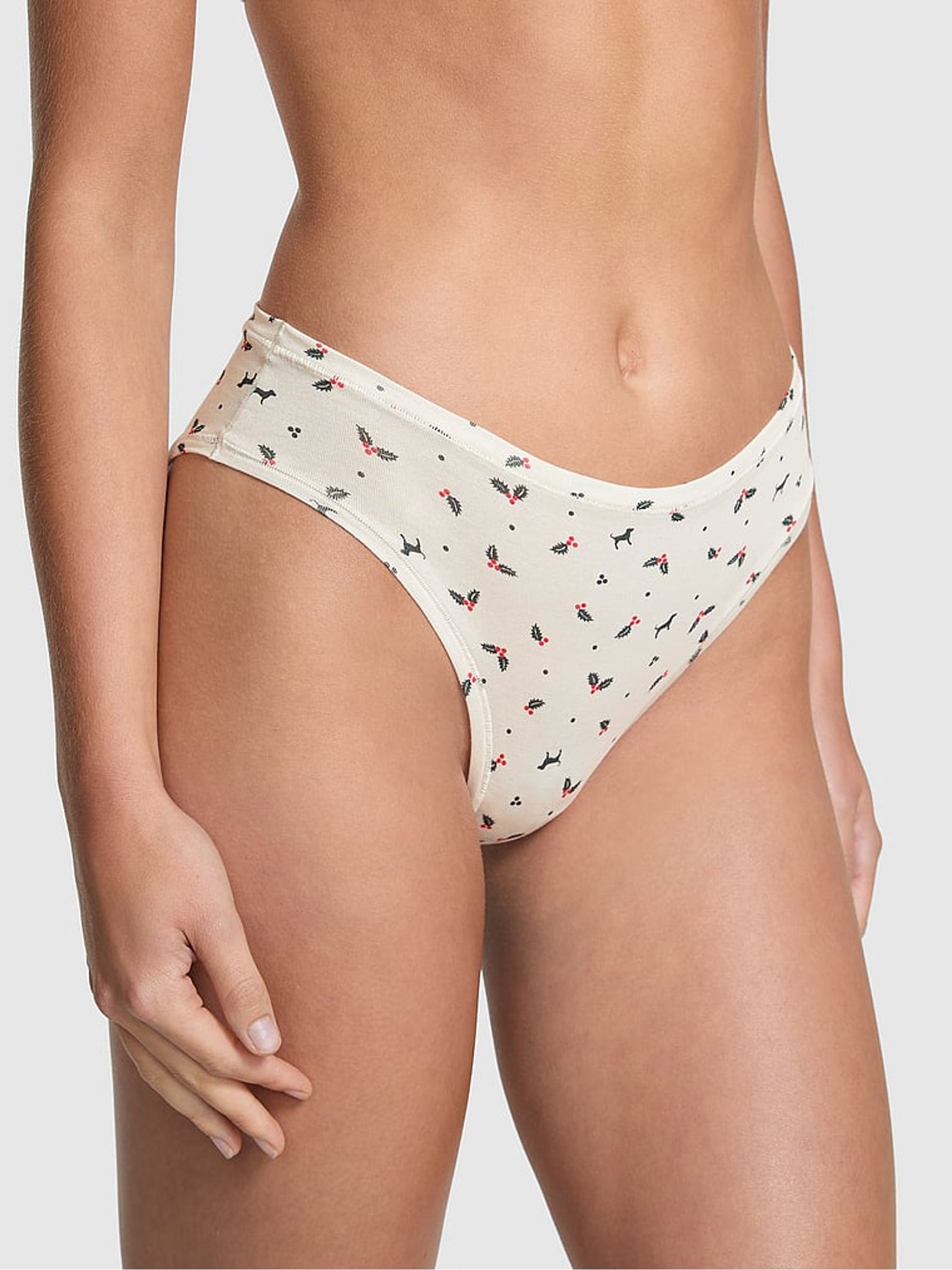 Winter White Holly Print Cheeky Cotton Knickers - Image 1 of 2 Winter White Holly Print Cheeky Cotton Knickers - Image 1 of 2
