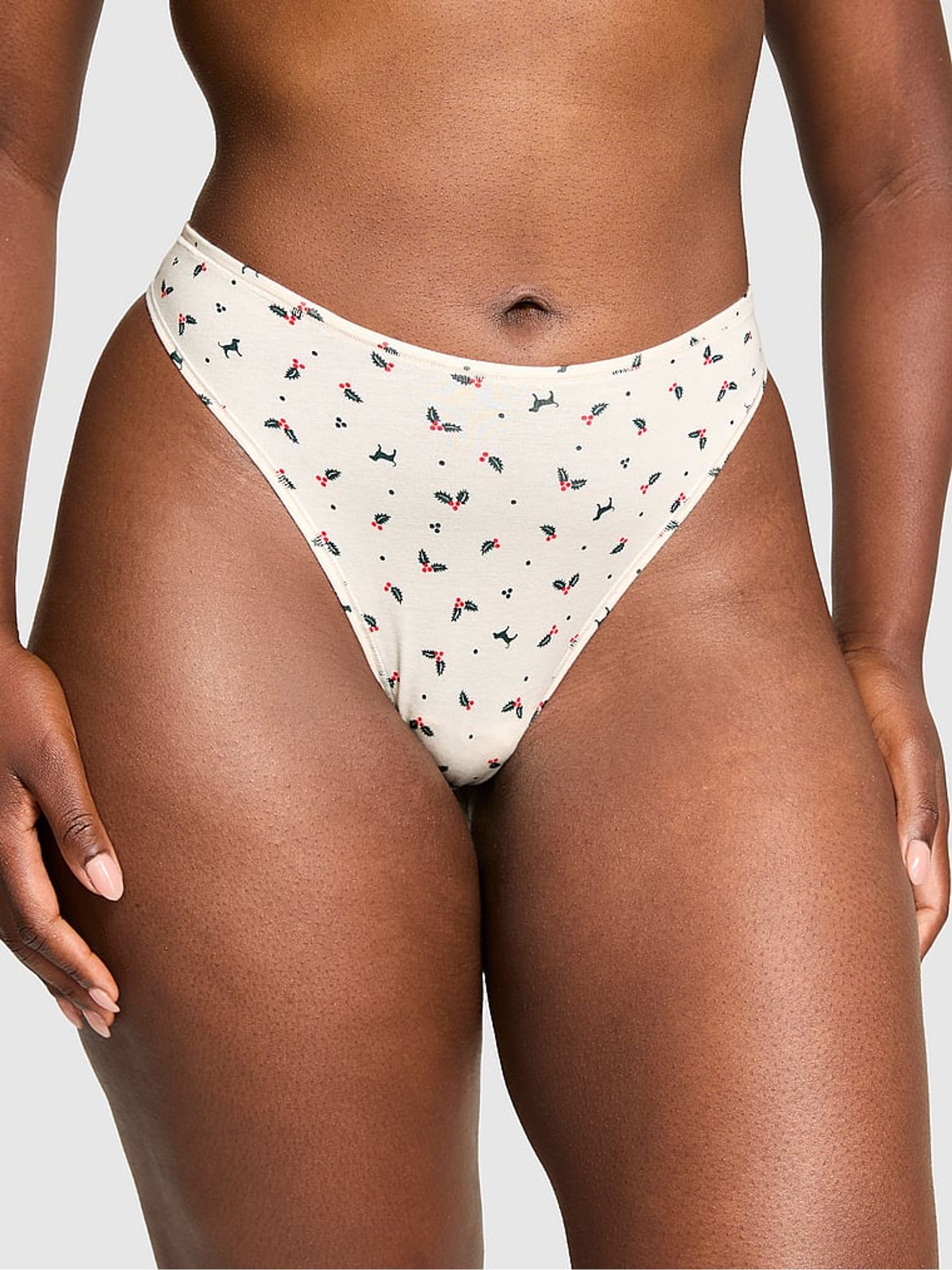 Winter White Holly Print Thong Cotton Knickers - Image 1 of 2