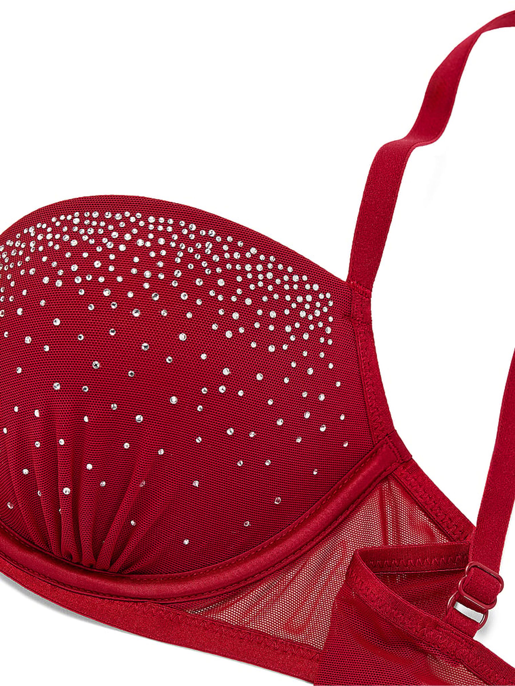 Red Lacquer Push Up Mesh Diamonte Bra - Image 4 of 4
