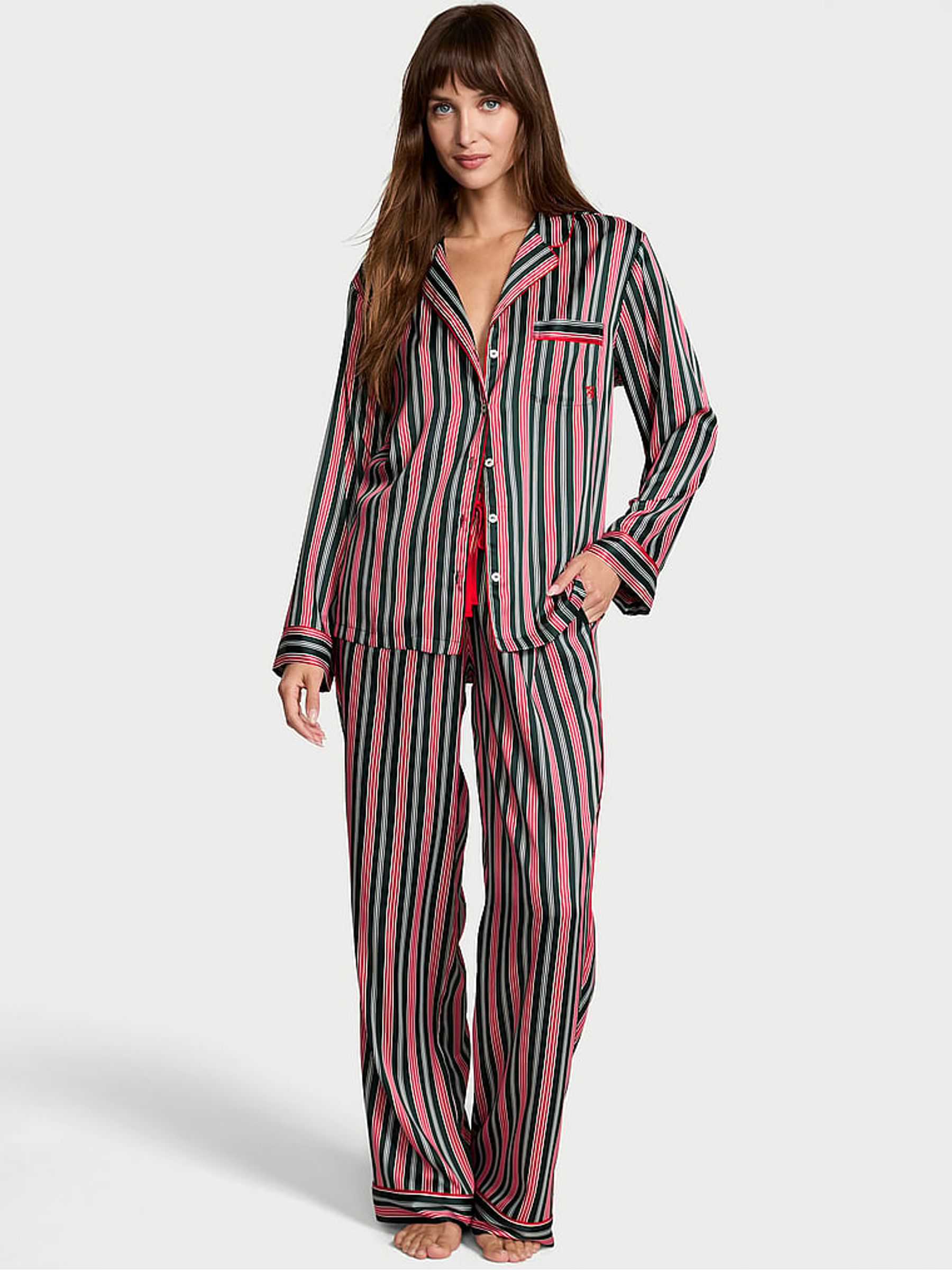 Red & Green Christmas Stripe Satin Long Pyjamas Set - Image 1 of 2