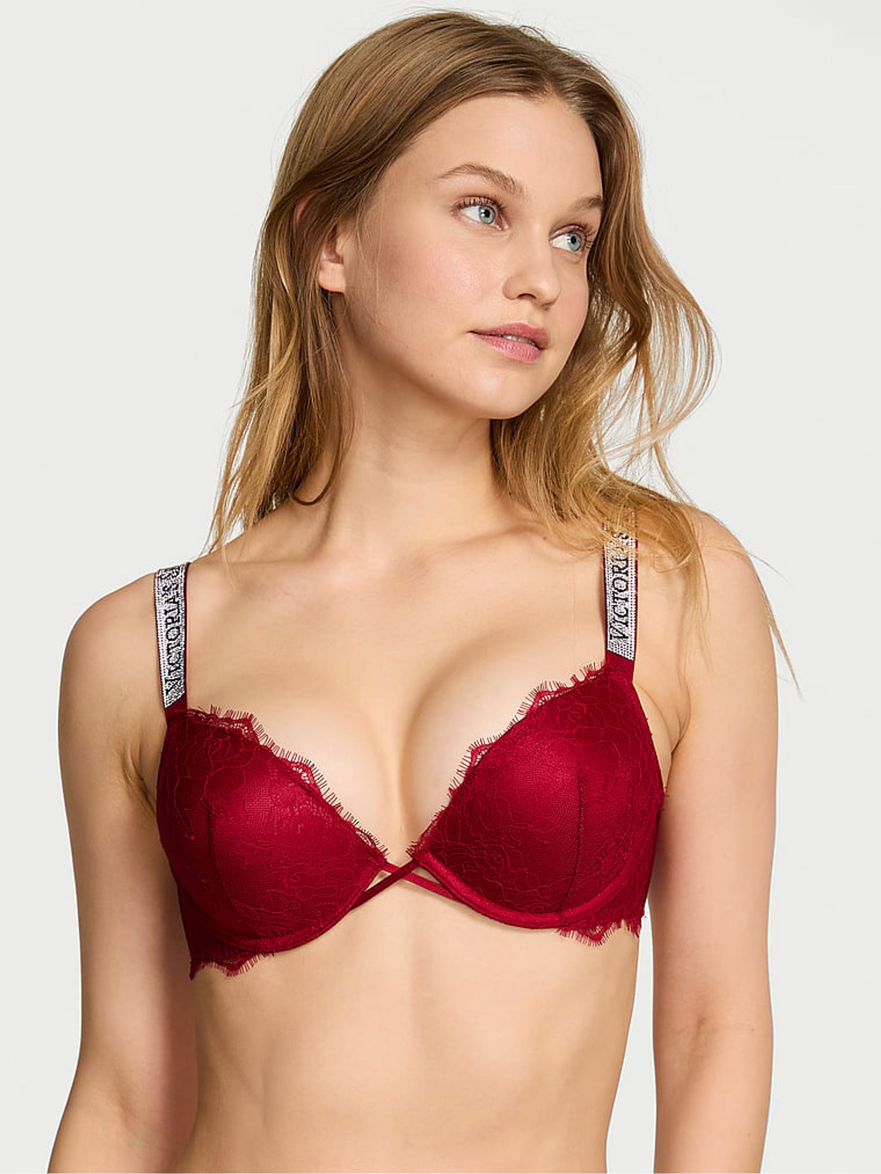 Red Lacquer Add 2 Cups Push Up Bombshell Lace Shine Strap Bra - Image 1 of 2