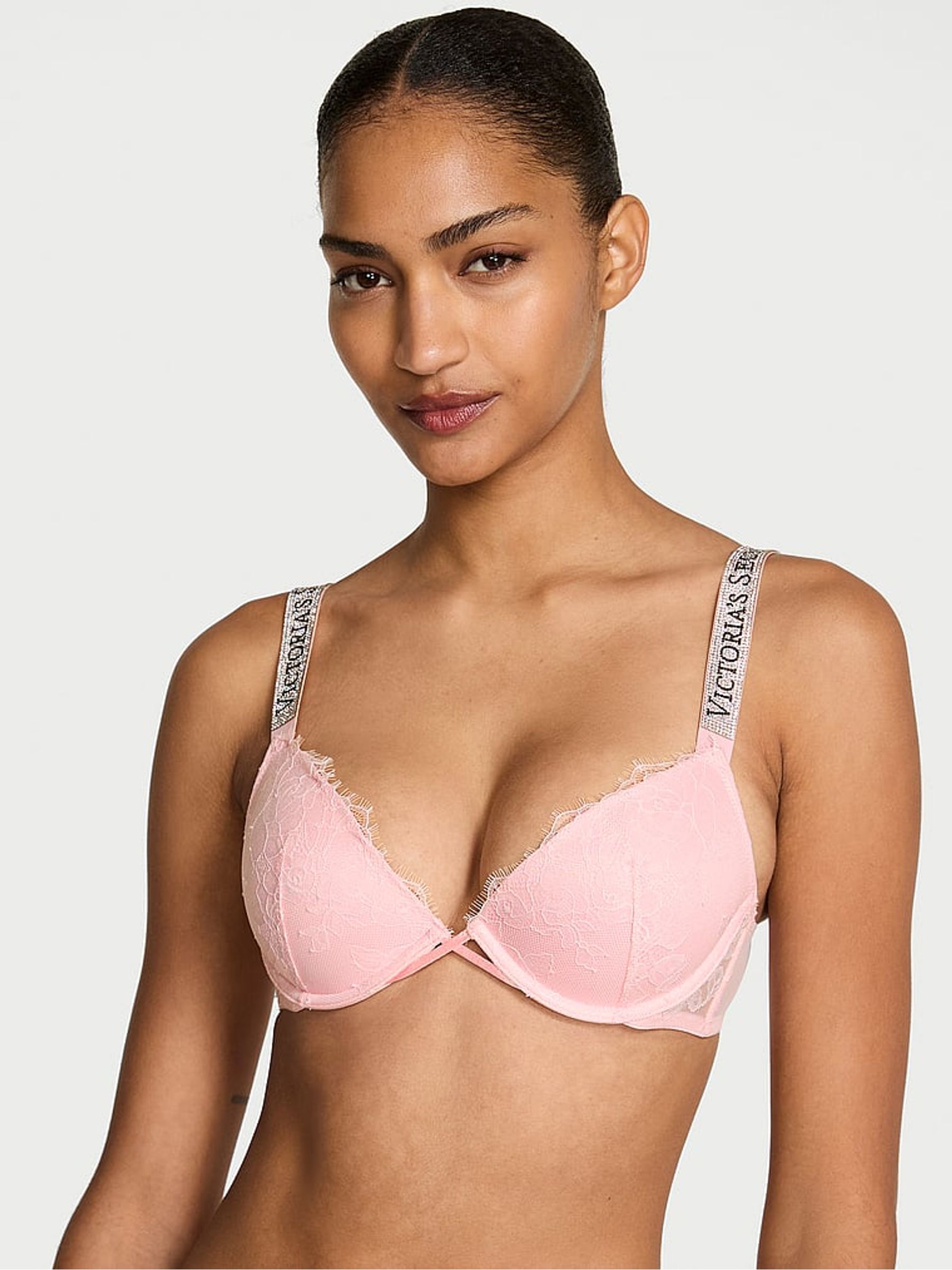 Angel Pink Lightly Lined Demi Shine Strap Lace Bra - Image 1 of 2 Angel Pink Lightly Lined Demi Shine Strap Lace Bra - Image 1 of 2