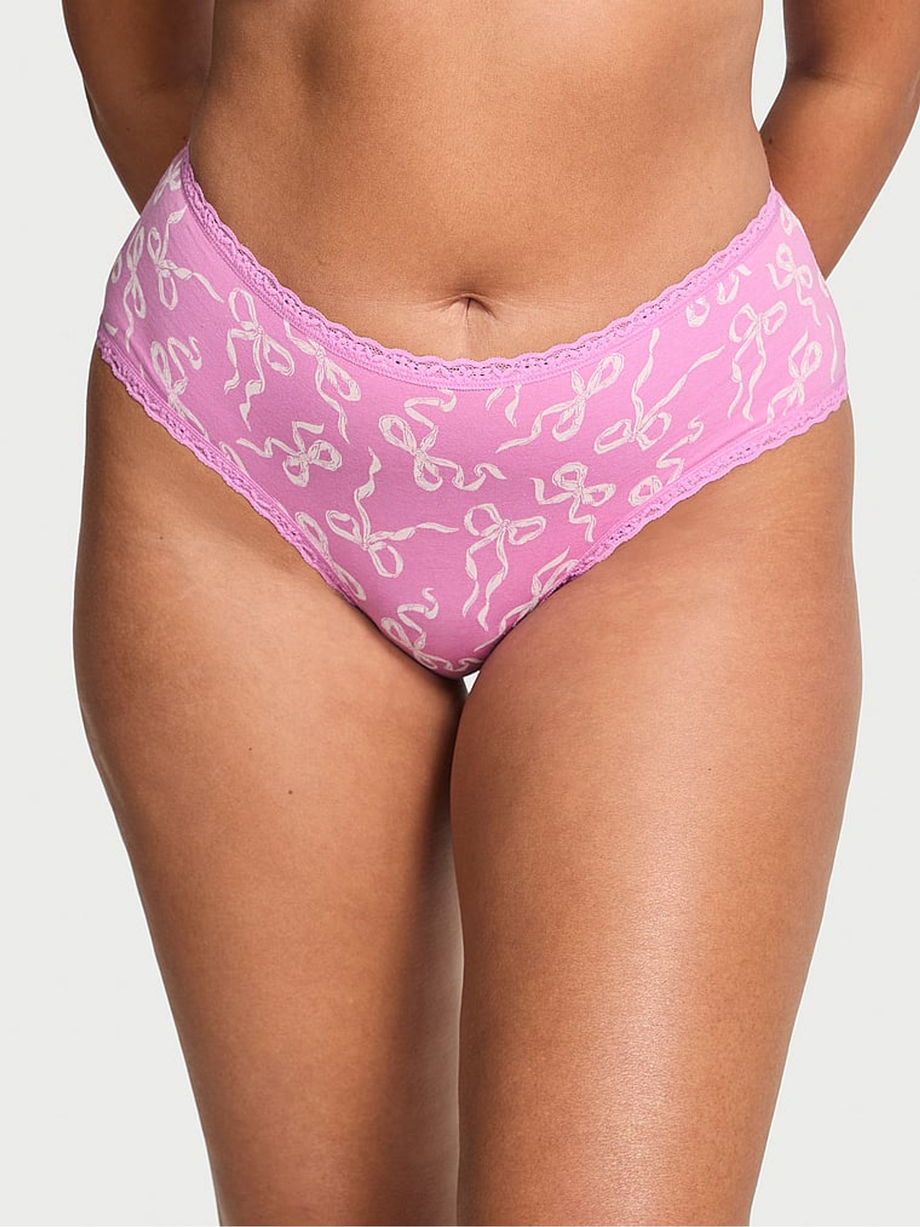 Lilac Purple Bows Cheeky Cotton Lace Trim Knickers - Image 1 of 2