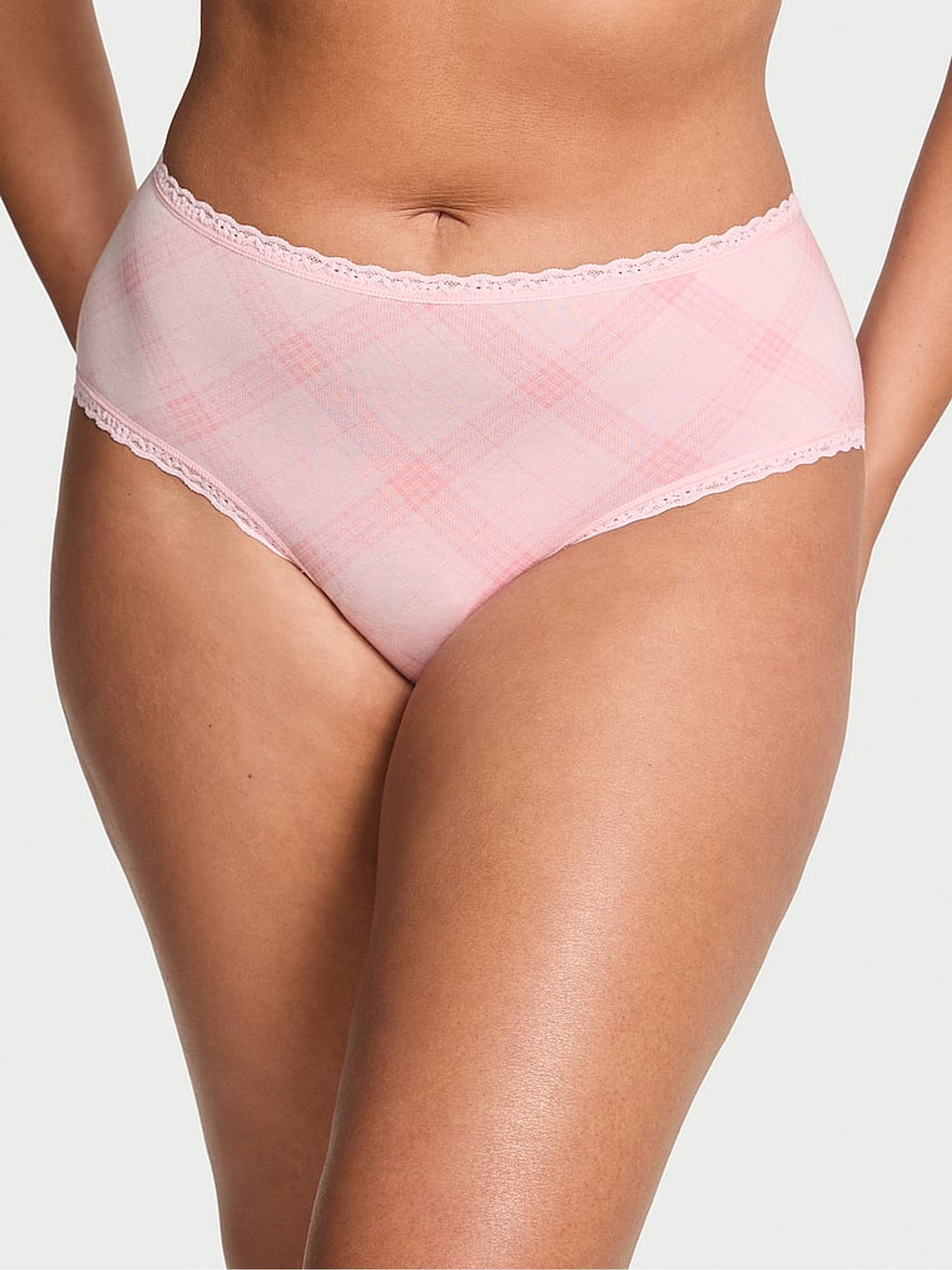 Pretty Blossom Pink Tartan Cheeky Cotton Lace Trim Knickers - Image 1 of 2