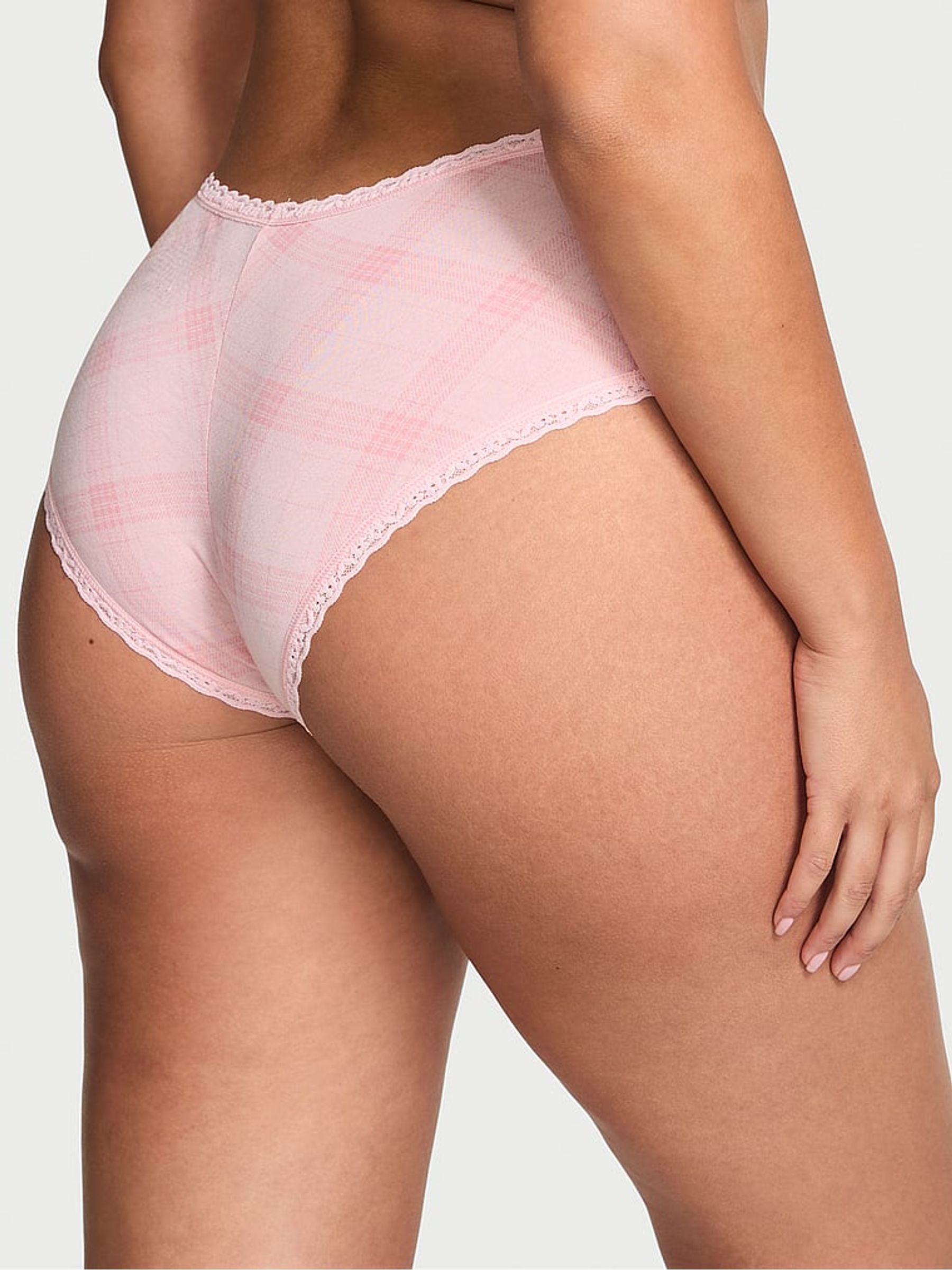 Pretty Blossom Pink Tartan Cheeky Cotton Lace Trim Knickers - Image 2 of 2