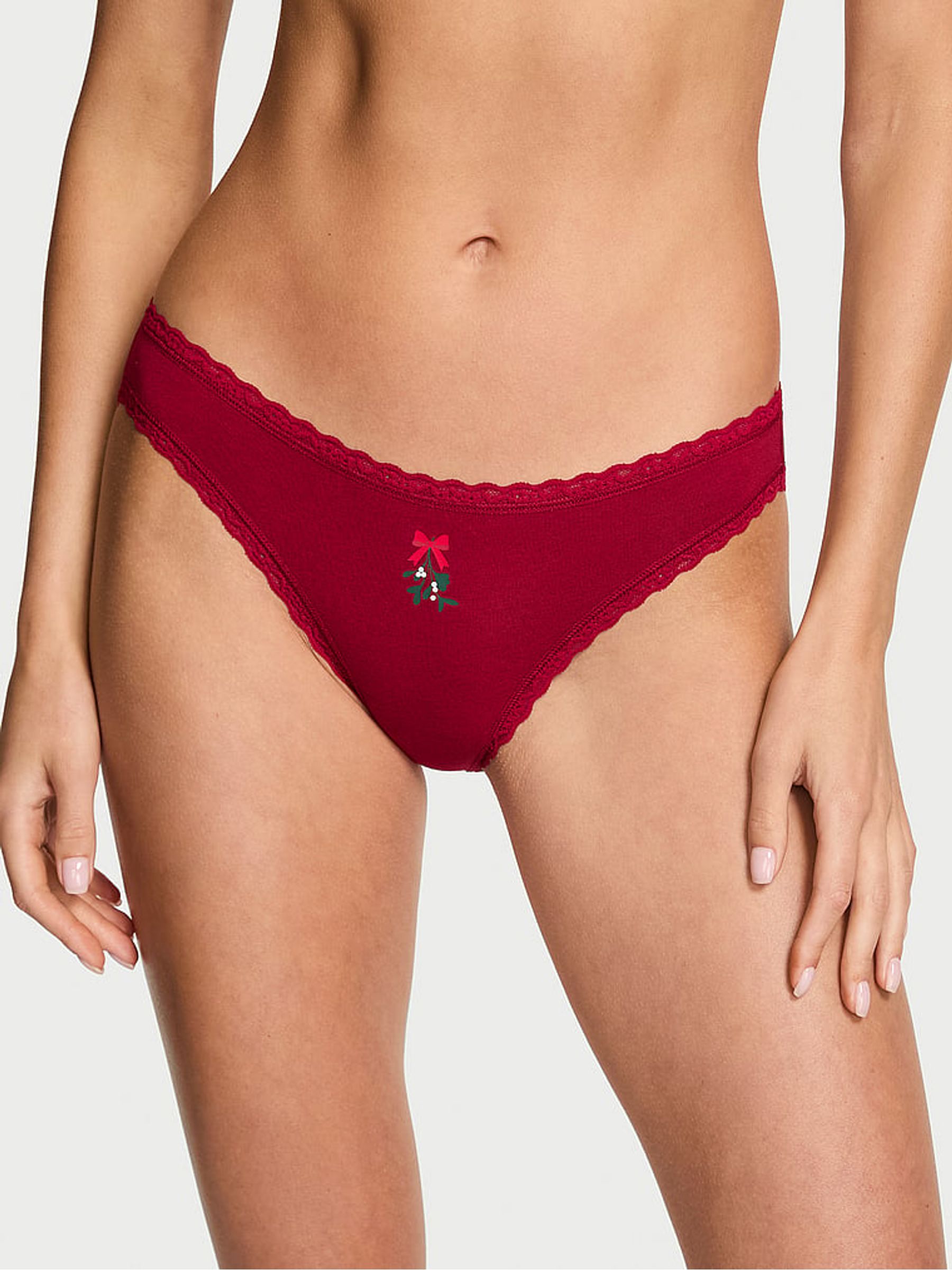 Red Christmas Mistletoe Bikini Cotton Lace Trim Knickers - Image 1 of 2