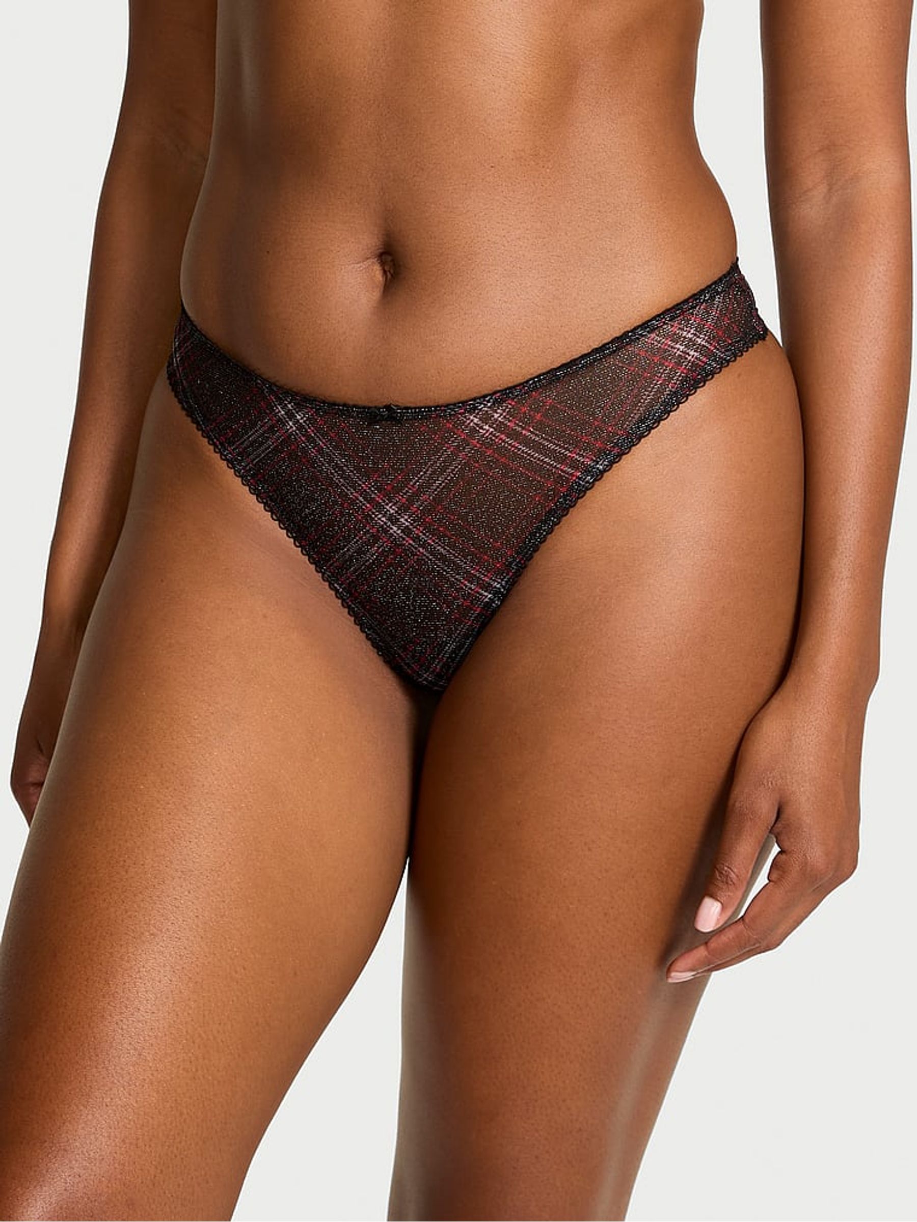 Black Thong Shimmer Mesh Tartan Knickers - Image 1 of 3 Black Thong Shimmer Mesh Tartan Knickers - Image 1 of 3