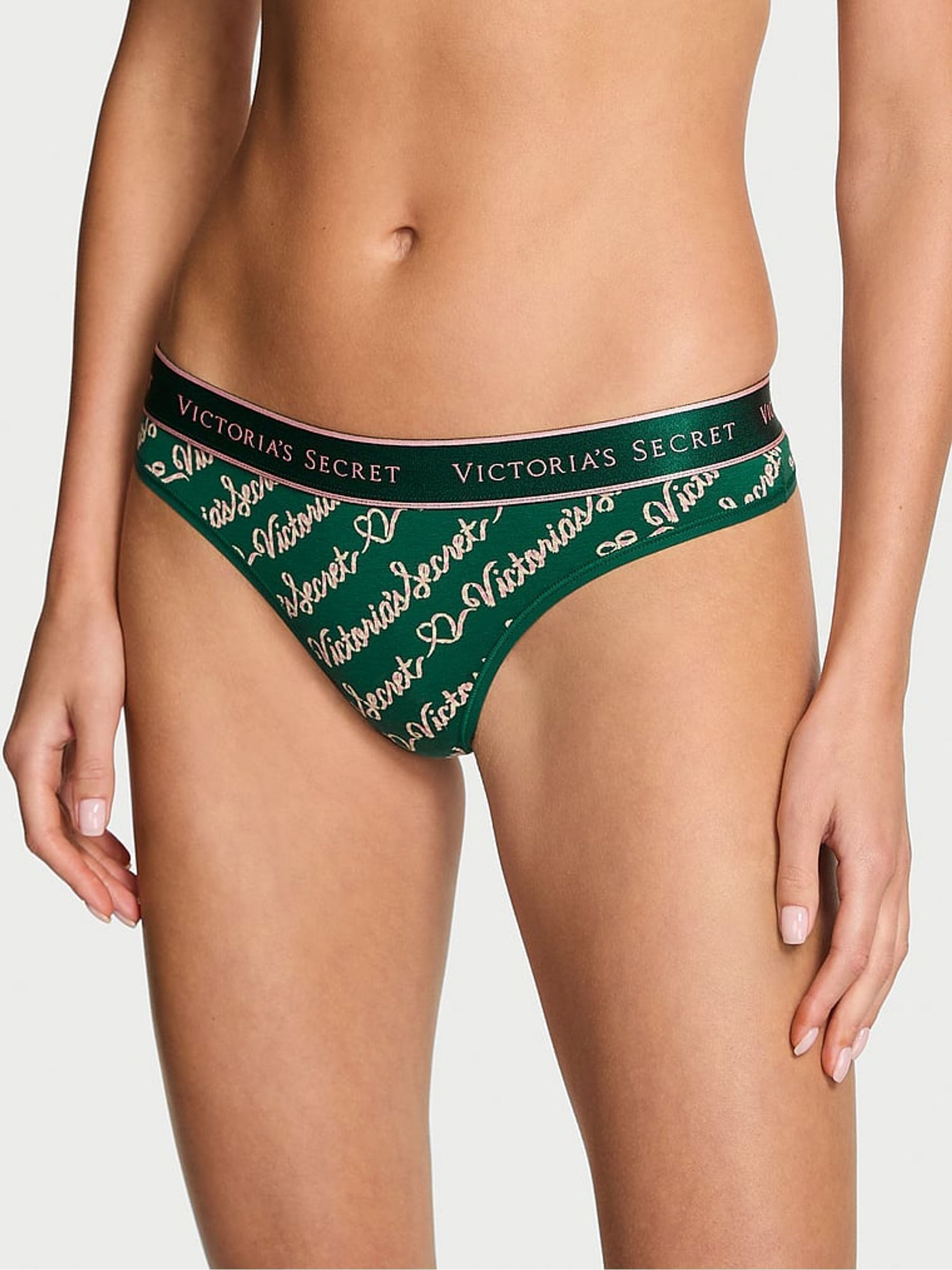 Clover Script Green Thong Logo Knickers - Image 1 of 2