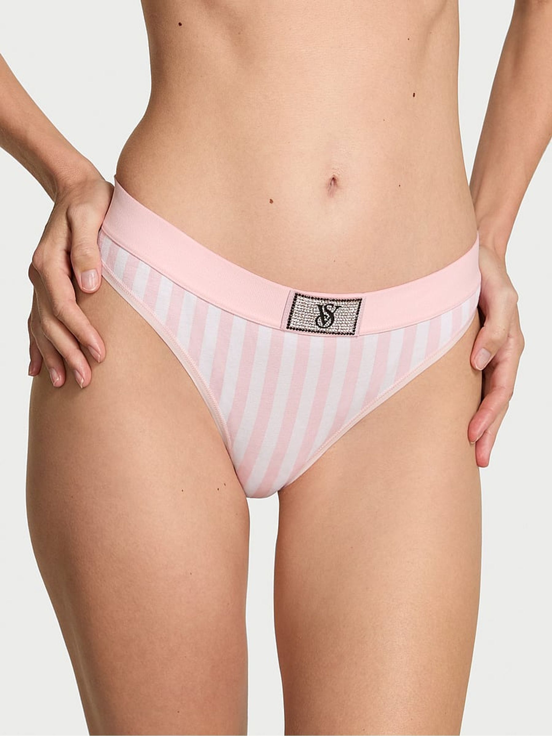 Iconic Stripe Pink Thong Logo Shine Patch Knickers - Image 1 of 2