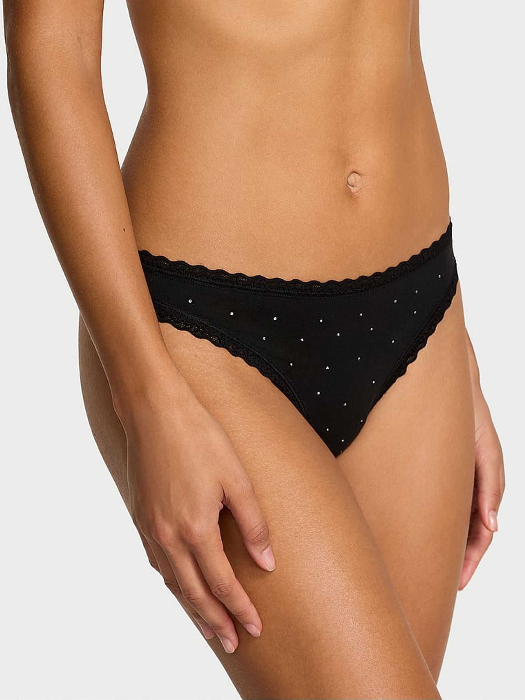 Black Thong Cotton Lace Trim Sparkle Knickers - Image 1 of 2