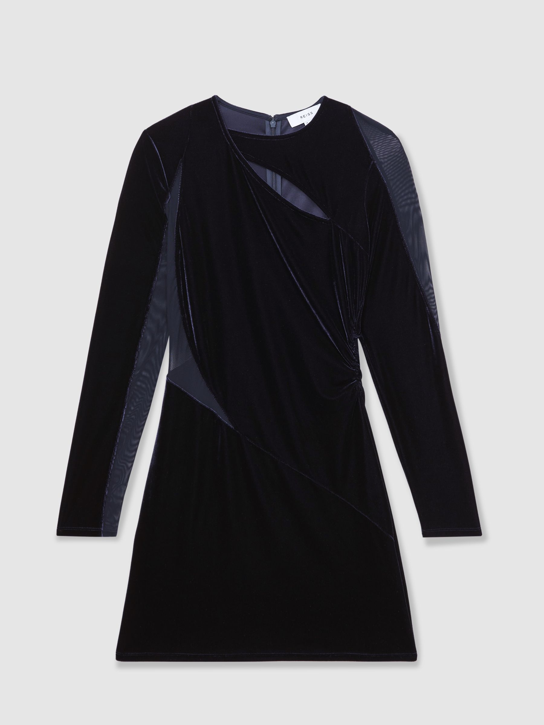 Velvet Mesh-Panel Mini Dress in Navy - Image 2 of 7