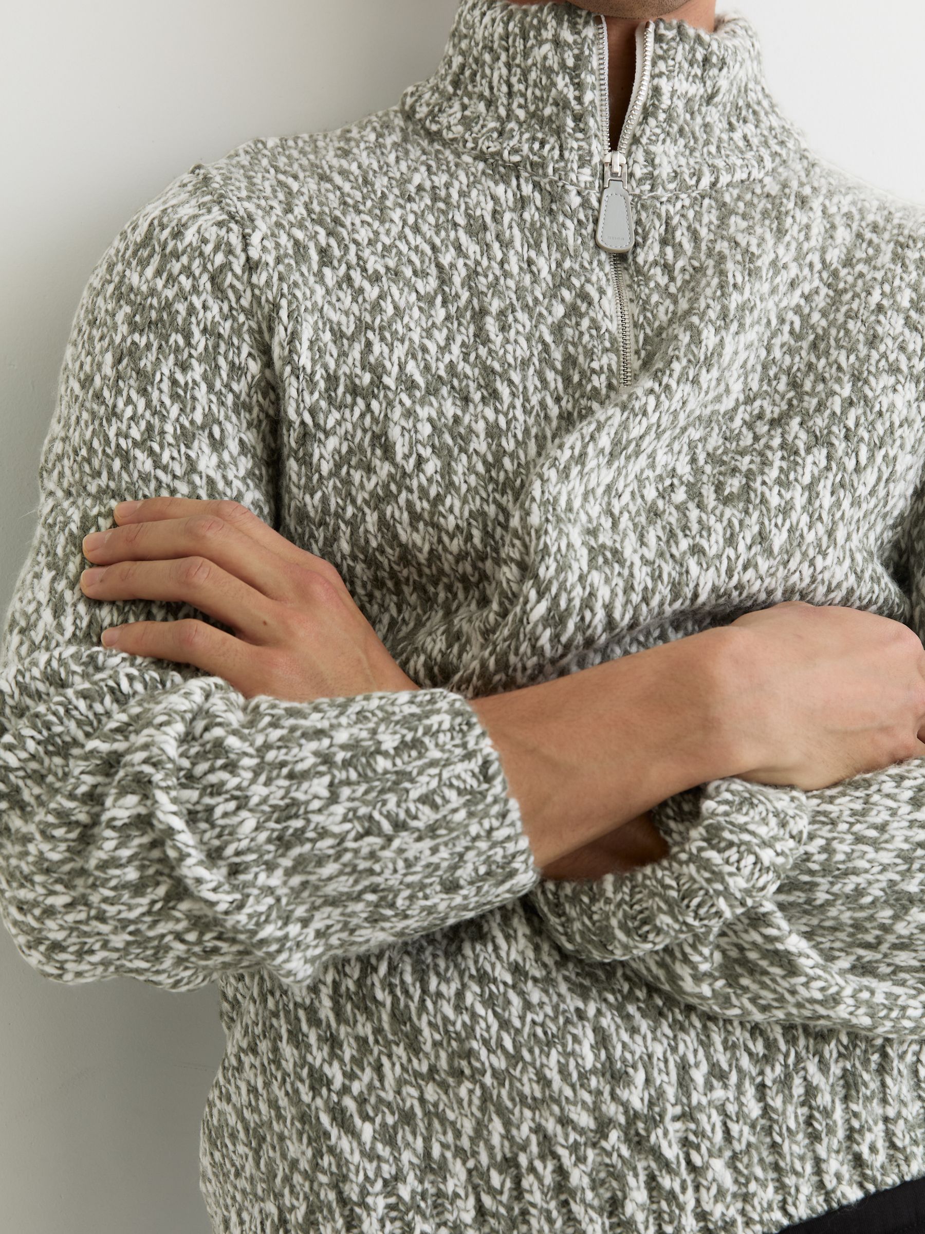 Marled Half-Zip Knitted Jumper with Wool in Sage Green Melange - image 5