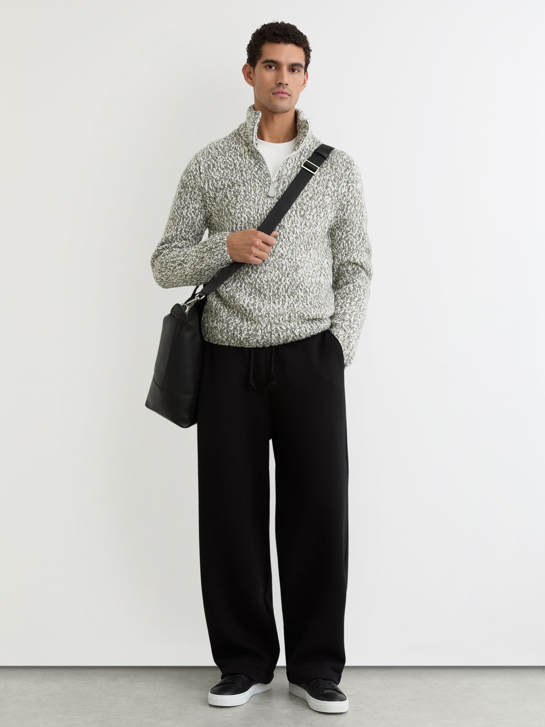 Marled Half-Zip Knitted Jumper with Wool in Sage Green Melange - image 4