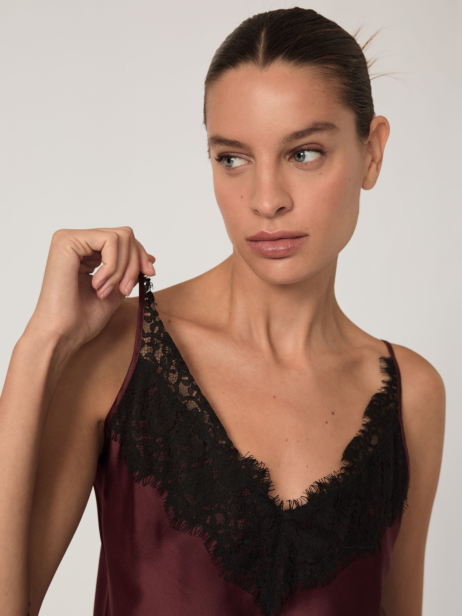 Silk Lace-Trim Cami Top in Burgundy - Image 4 of 6