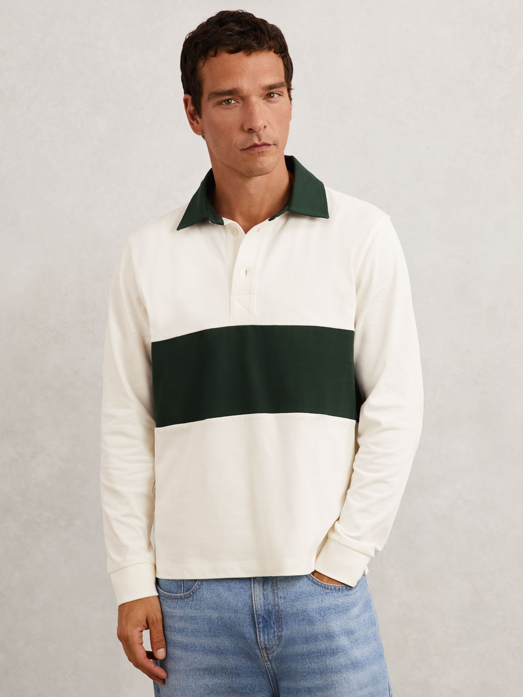 Cotton Colour-Block Rugby Shirt in White/Green - image 4