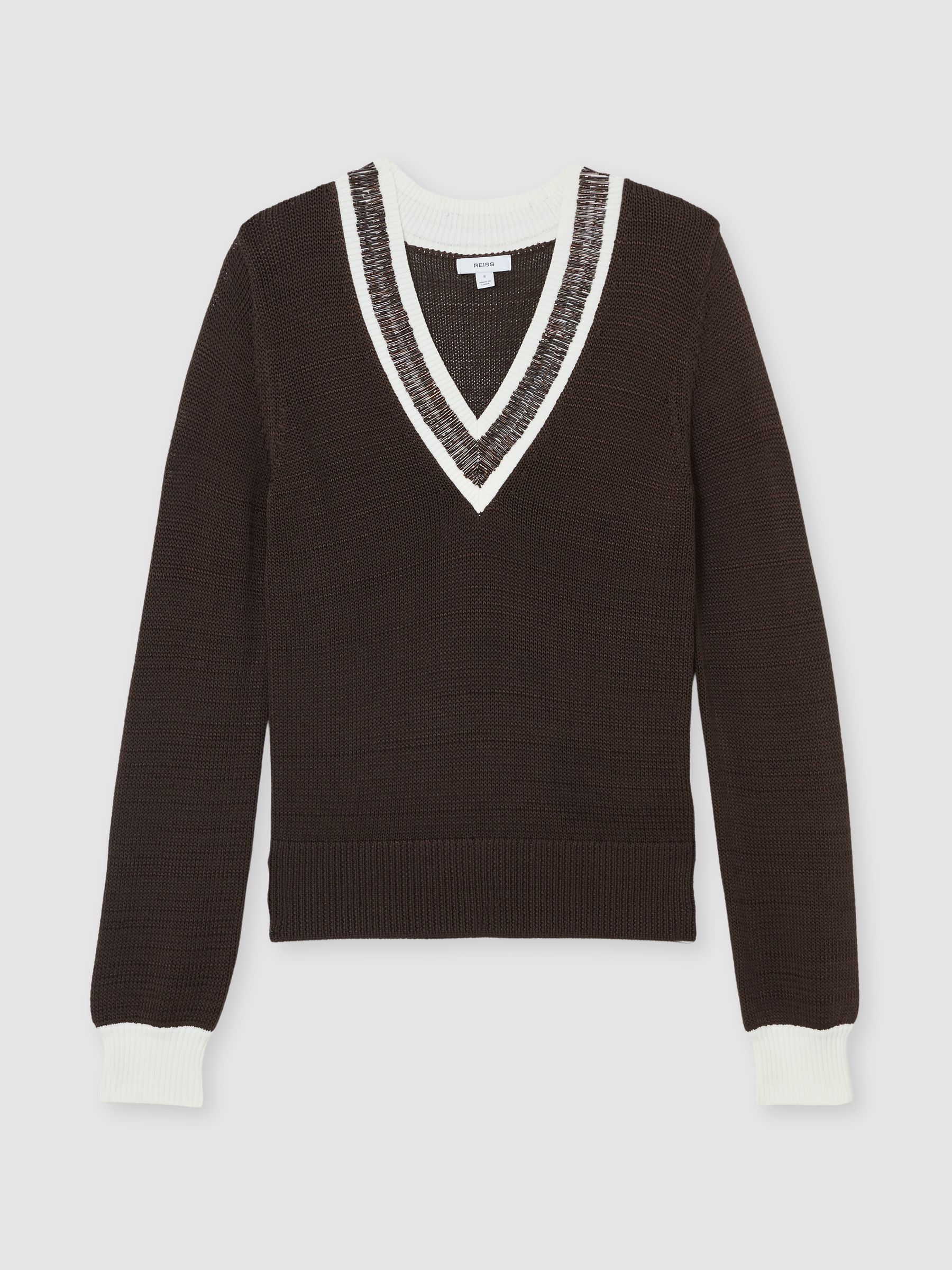 Bead-Detail V-Neck Knitted Jumper in Chocolate Brown - Image 2 of 6