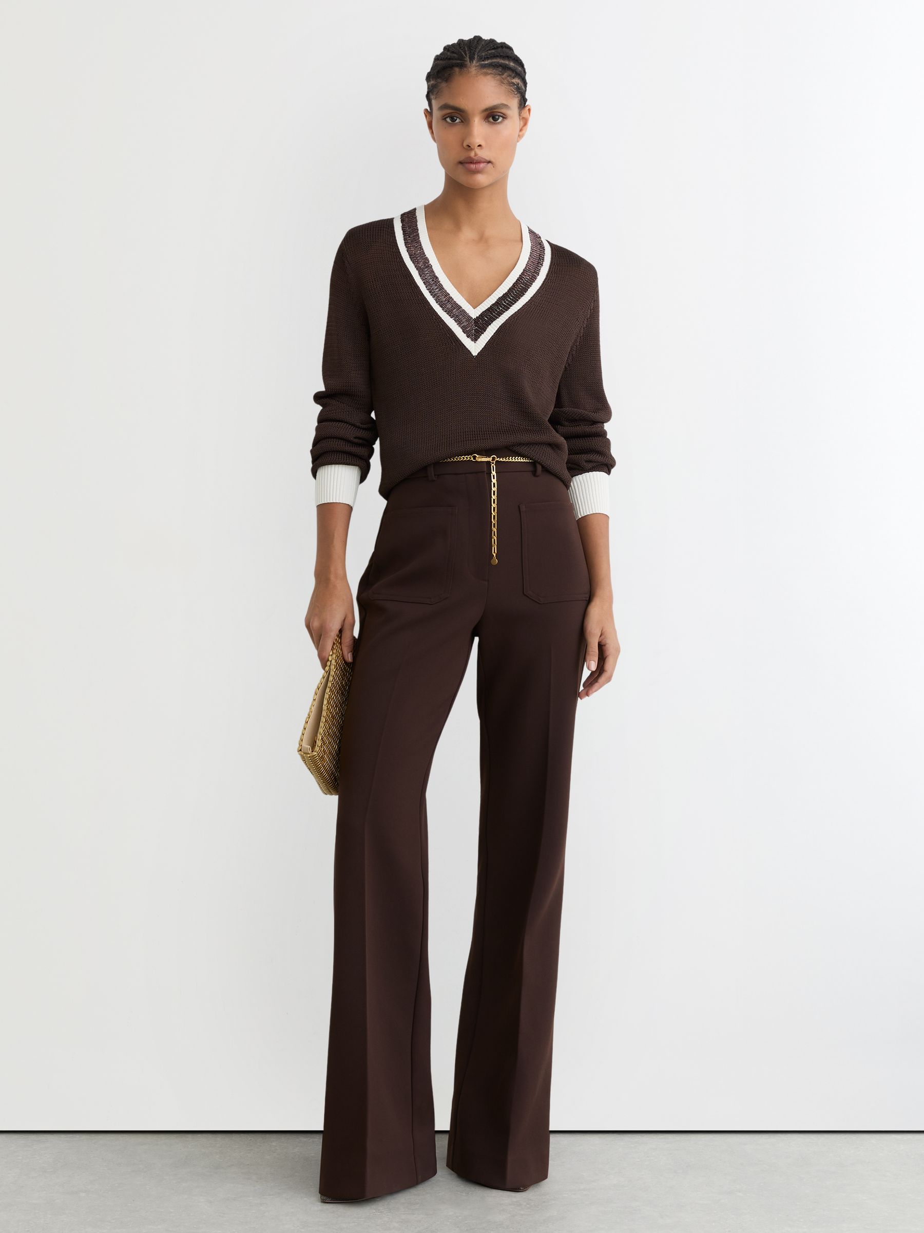Bead-Detail V-Neck Knitted Jumper in Chocolate Brown - image 3