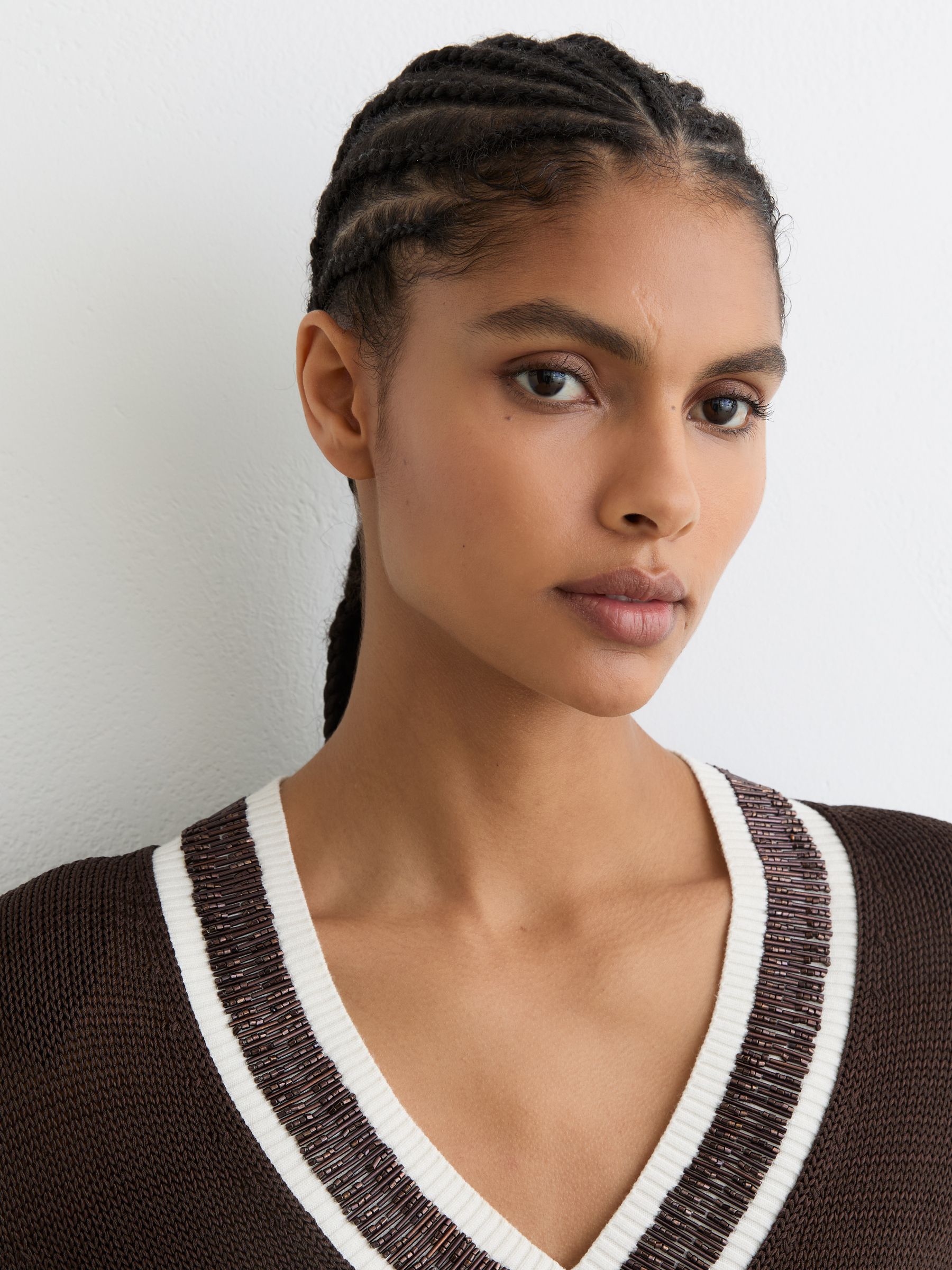 Bead-Detail V-Neck Knitted Jumper in Chocolate Brown - image 5