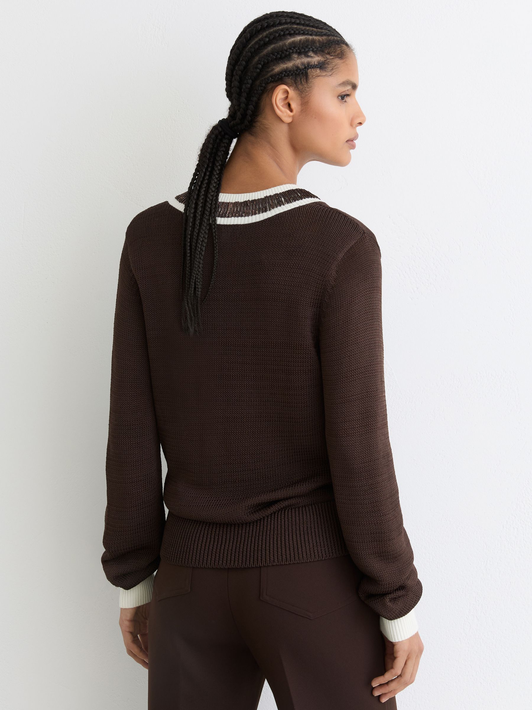 Bead-Detail V-Neck Knitted Jumper in Chocolate Brown - image 4