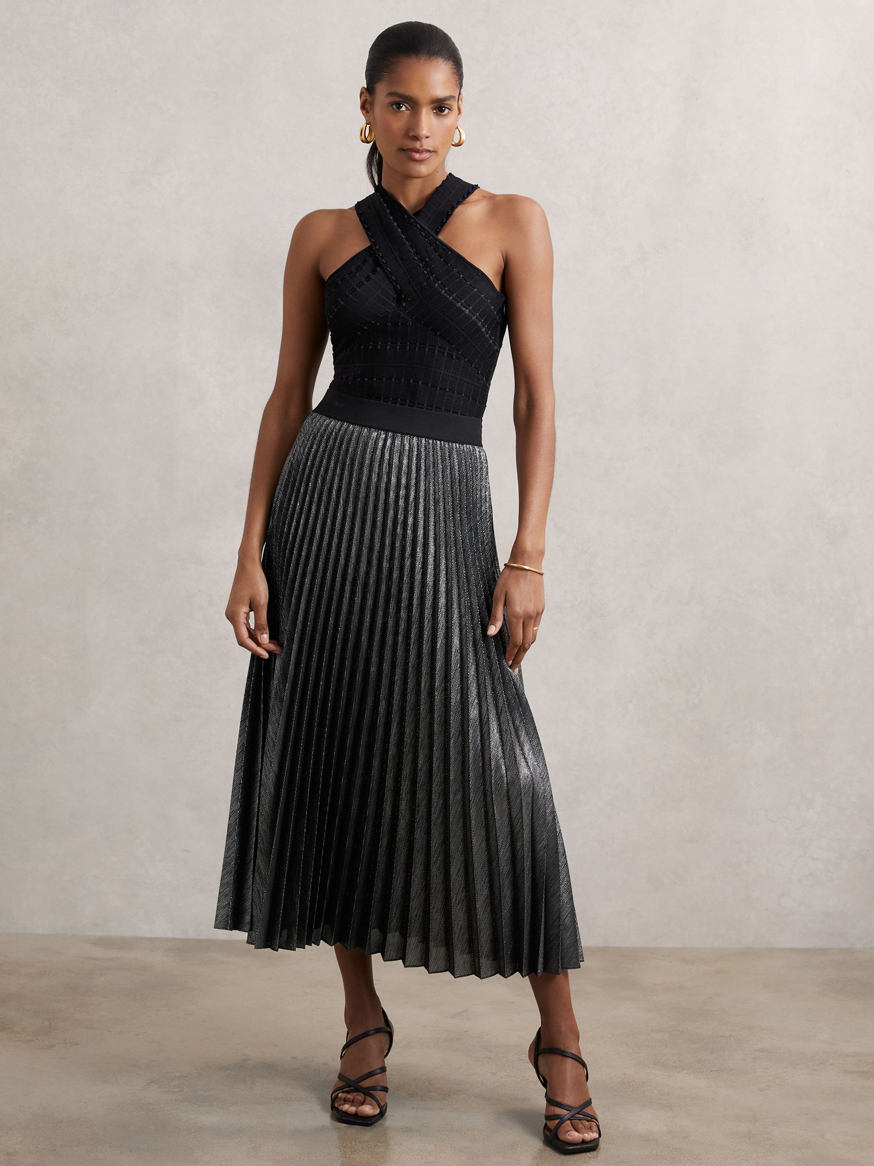 Metallic Pleated Midi Skirt in Charcoal Grey - Image 1 of 6
