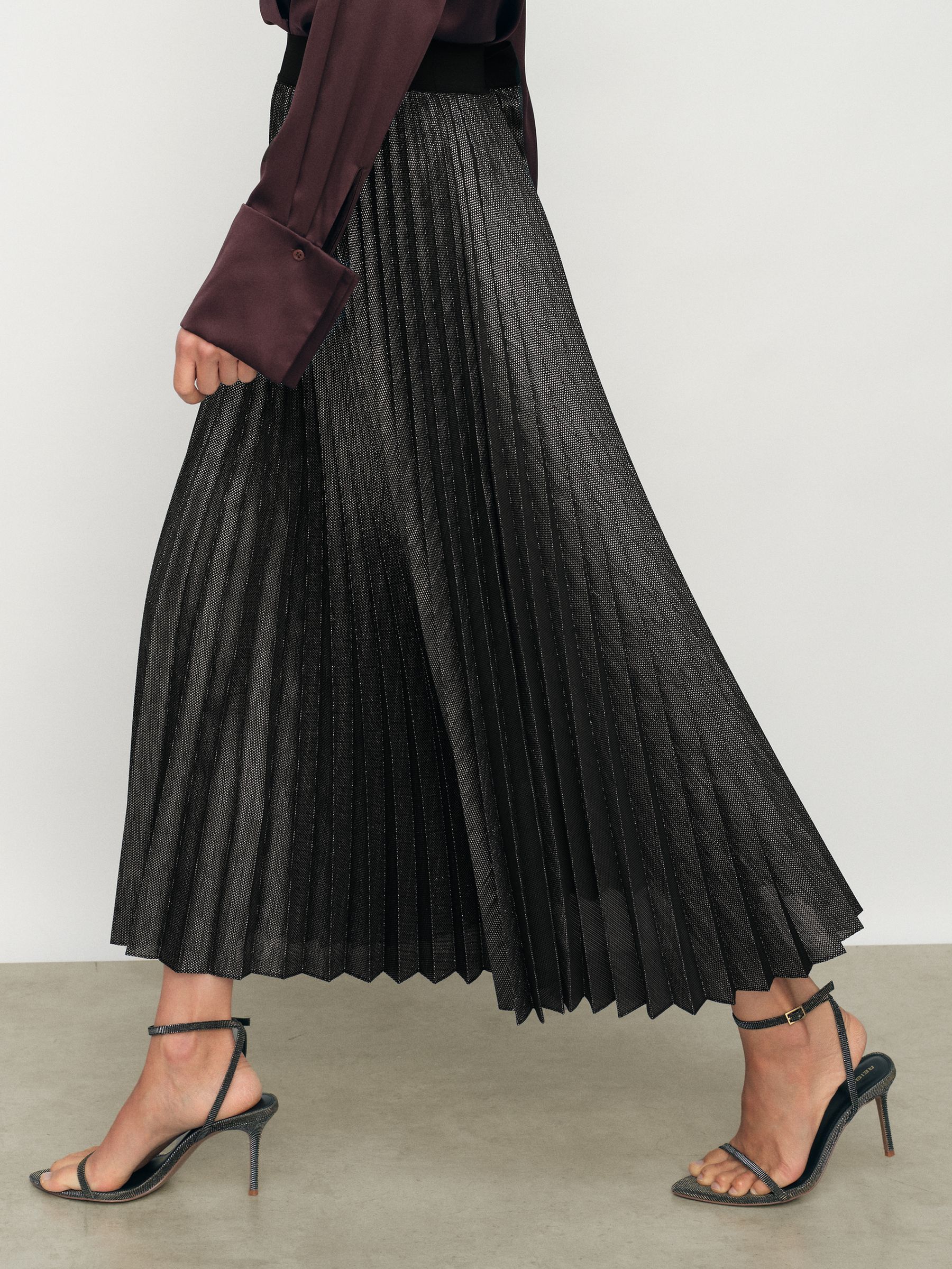 Metallic Pleated Midi Skirt in Charcoal Grey - image 4