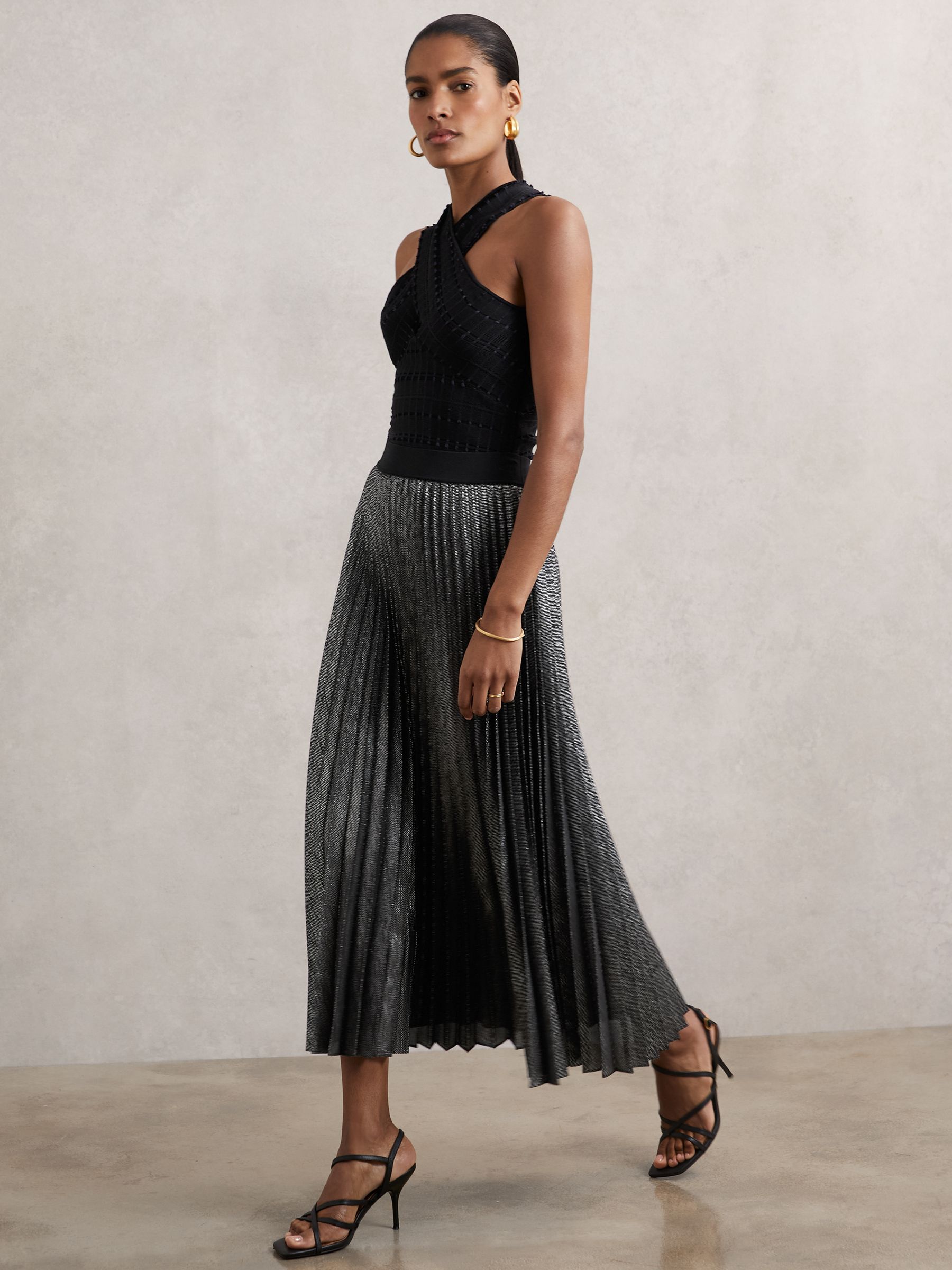 Metallic Pleated Midi Skirt in Charcoal Grey - Image 3 of 6