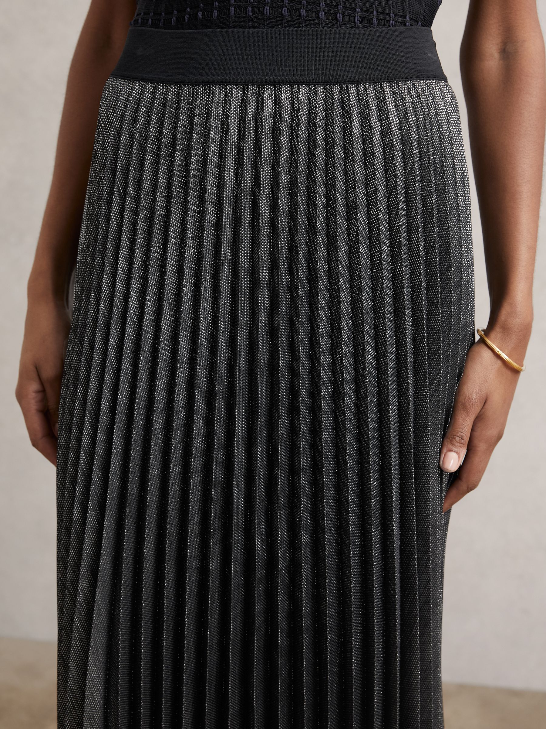 Metallic Pleated Midi Skirt in Charcoal Grey - Image 4 of 6