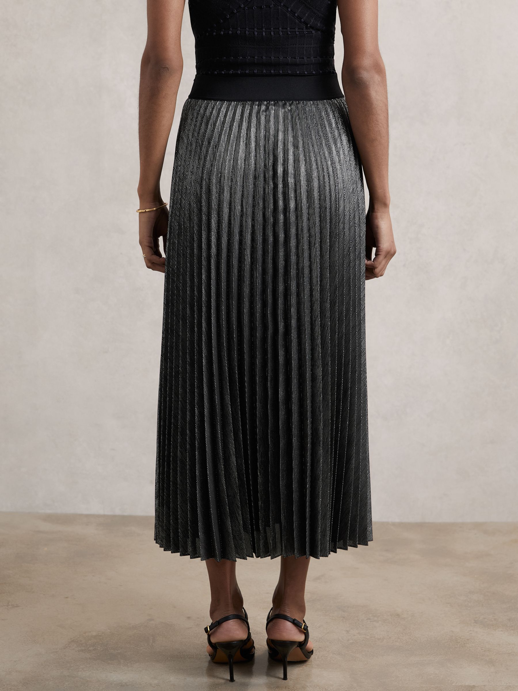 Metallic Pleated Midi Skirt in Charcoal Grey - Image 5 of 6