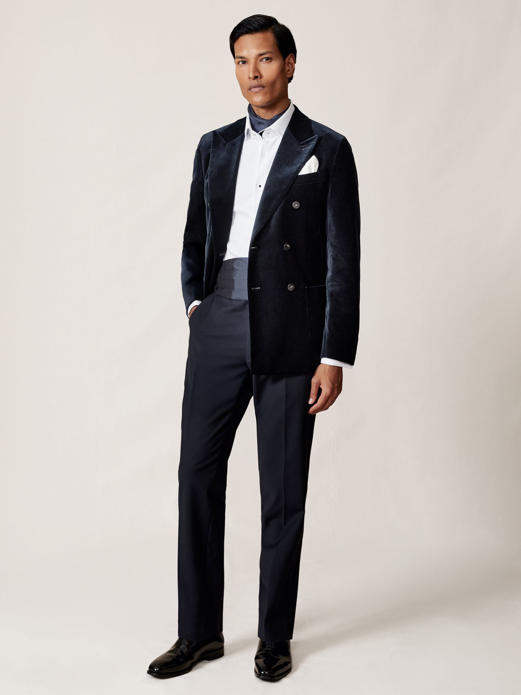 Double-Breasted Velvet Blazer Tailored-Fit in Navy - Image 1 of 7