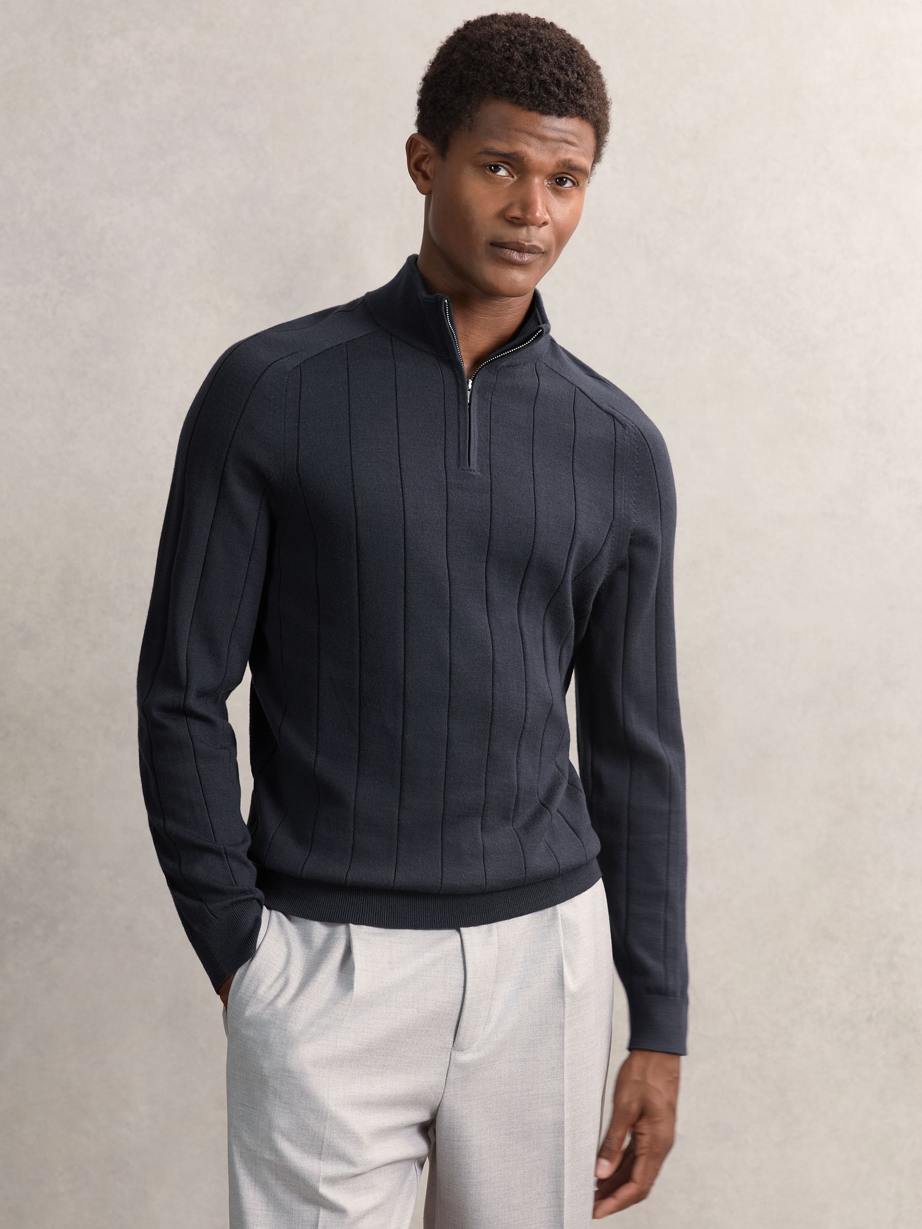 Merino Wool Wide-Rib Half-Zip Jumper in Airforce Blue - Image 1 of 6