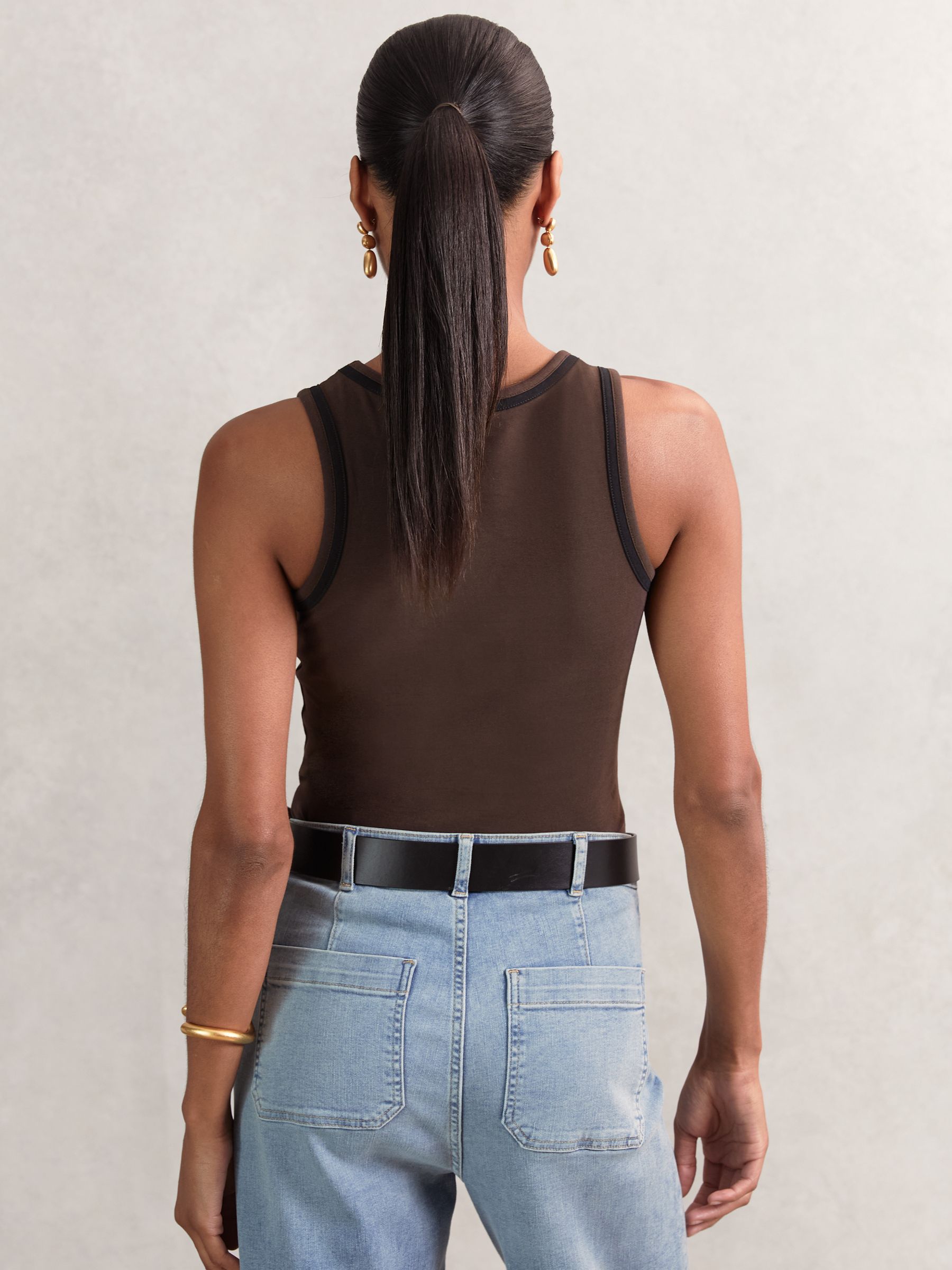 Stretch-Cotton Jersey Tipped Vest in Chocolate Brown/Black - Image 4 of 5