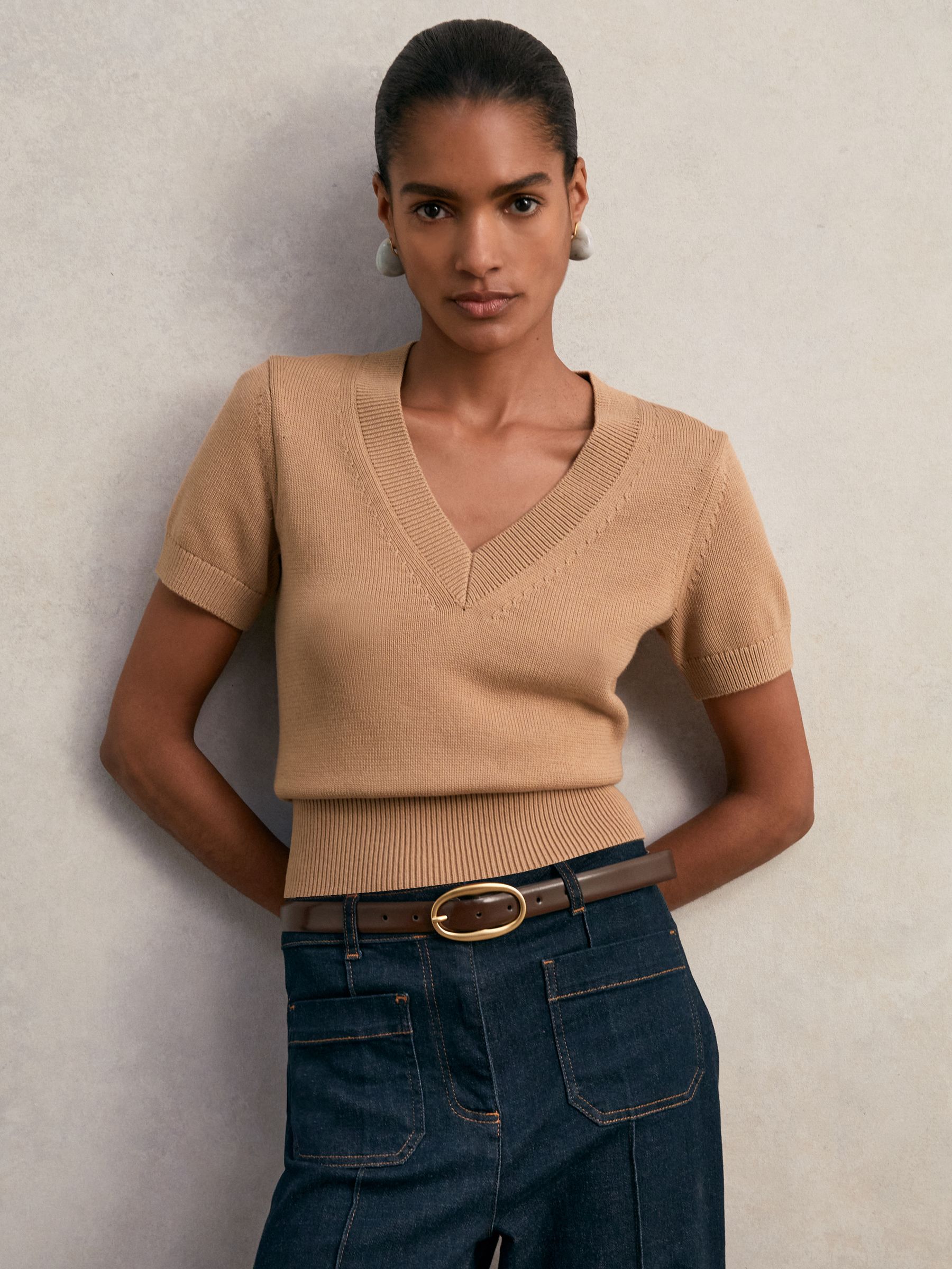 Cotton-Wool Knit V-Neck Top in Camel - Image 1 of 6
