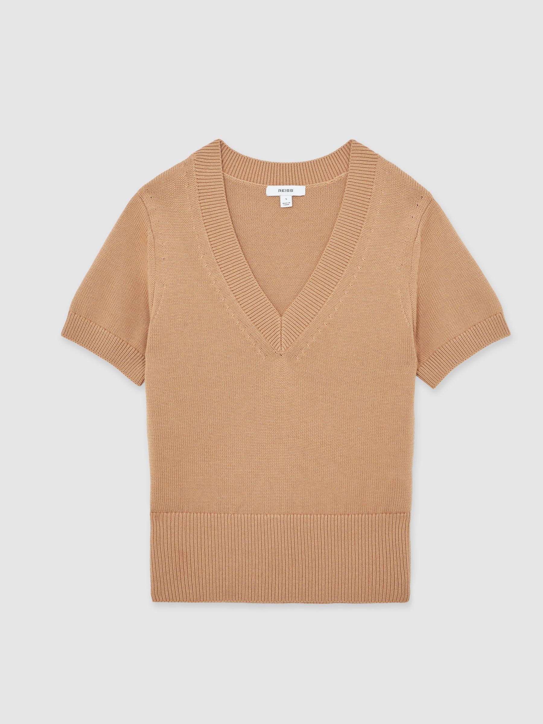 Cotton-Wool Knit V-Neck Top in Camel - Image 2 of 6