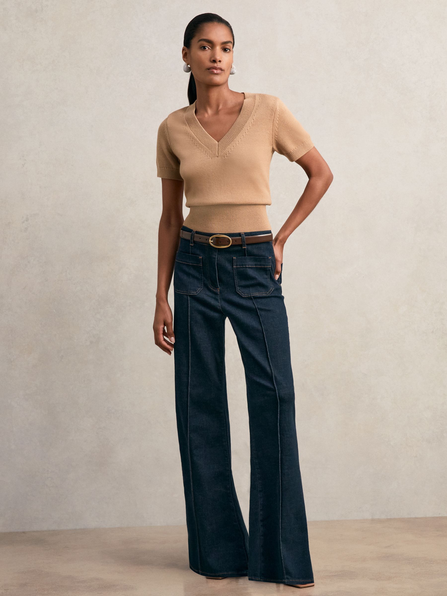 Cotton-Wool Knit V-Neck Top in Camel - image 3