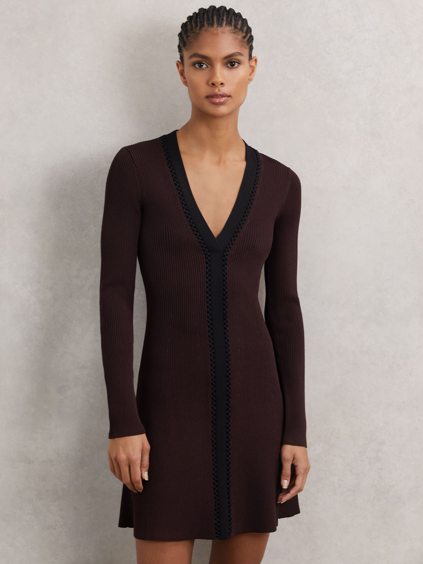 Craft-Stitch Rib-Knit Mini Dress in Burgundy/Black - Image 1 of 6 Craft-Stitch Rib-Knit Mini Dress in Burgundy/Black - Image 1 of 6