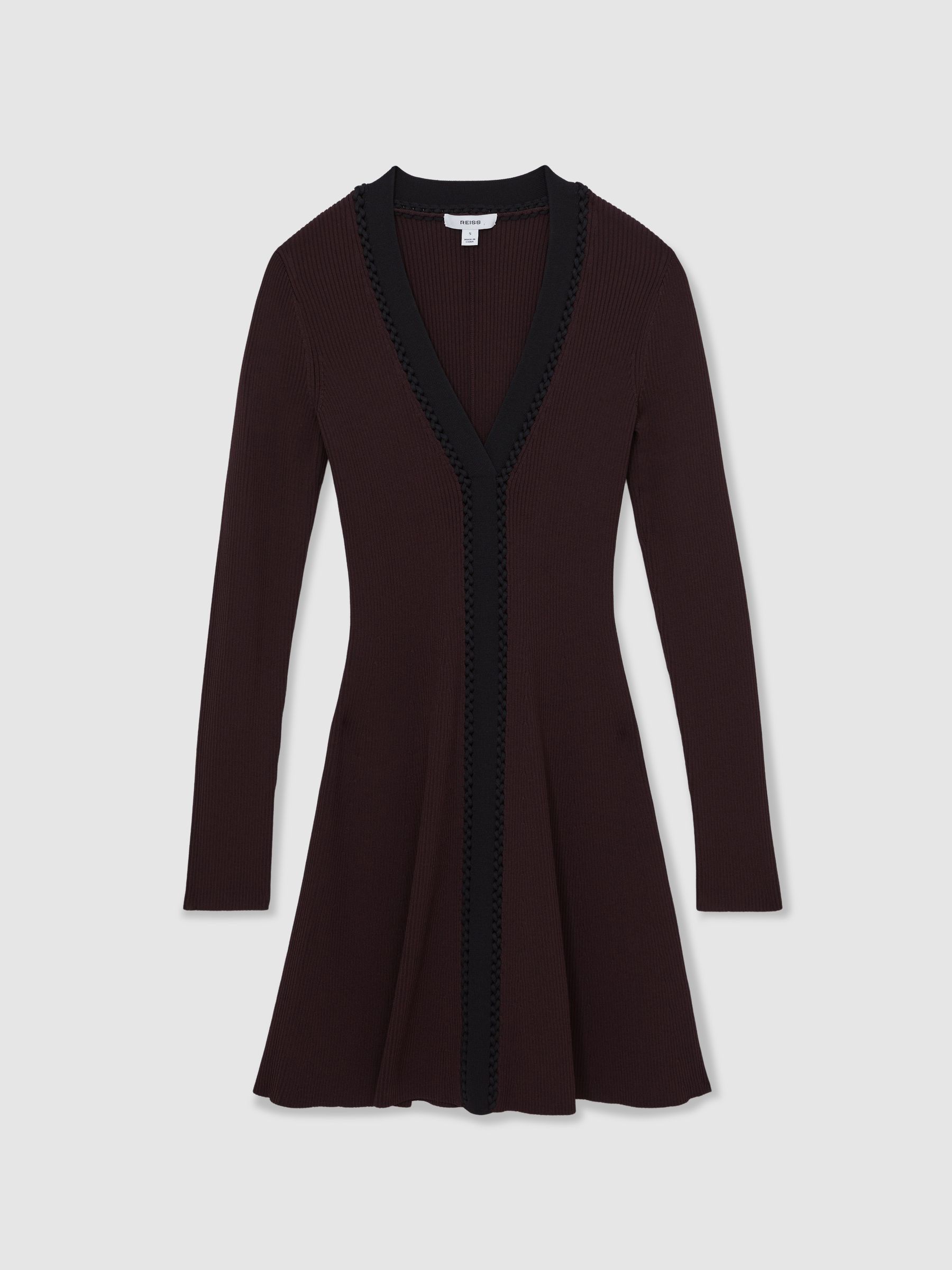 Craft-Stitch Rib-Knit Mini Dress in Burgundy/Black - Image 2 of 6