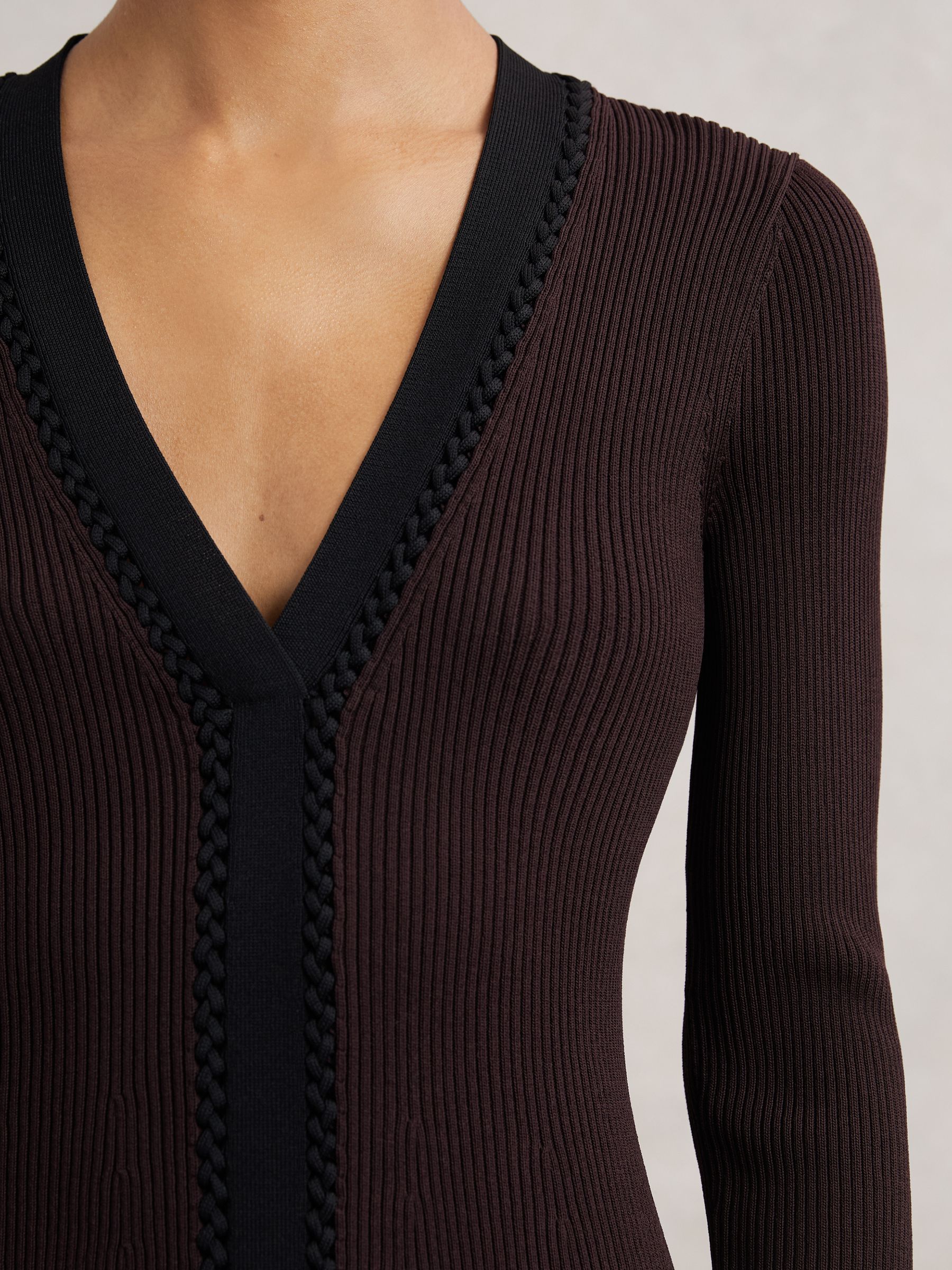Craft-Stitch Rib-Knit Mini Dress in Burgundy/Black - Image 3 of 6