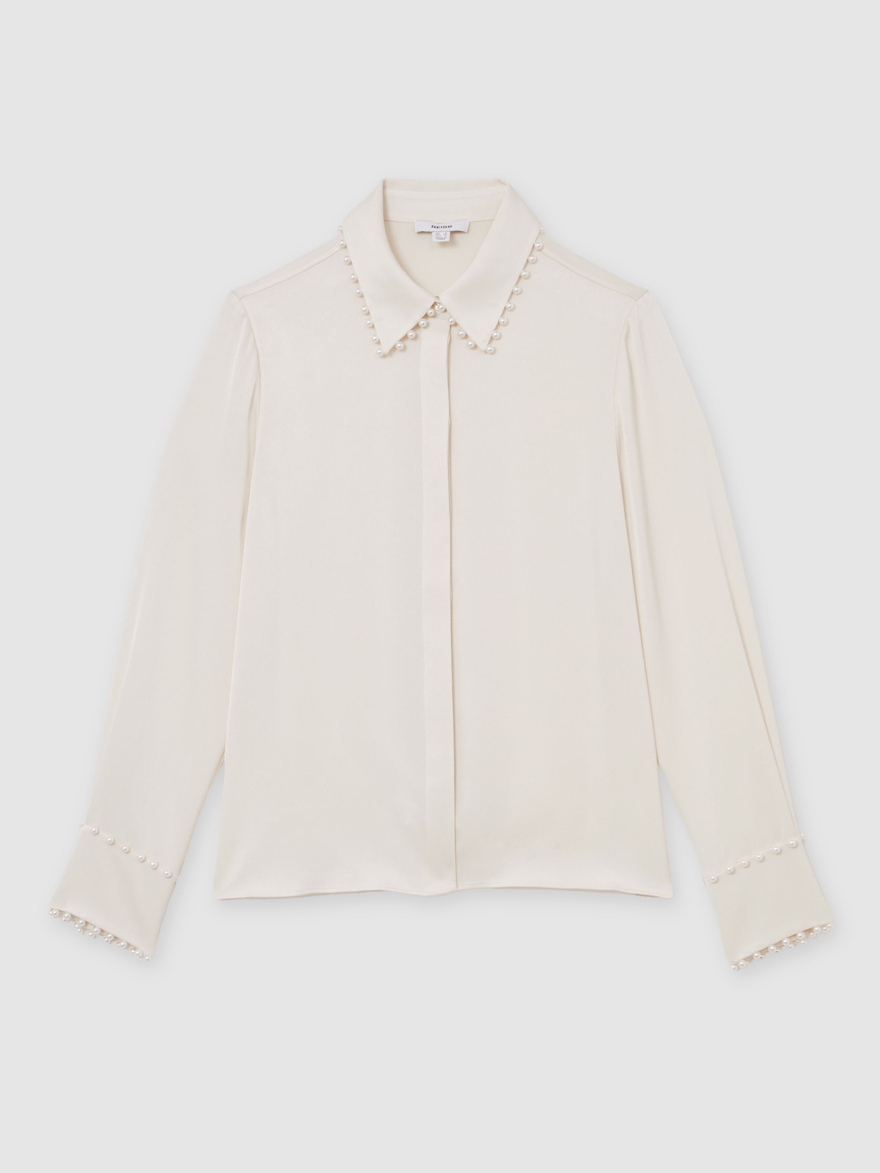 Satin Faux-Pearl Trim Shirt in Ivory - Image 2 of 6