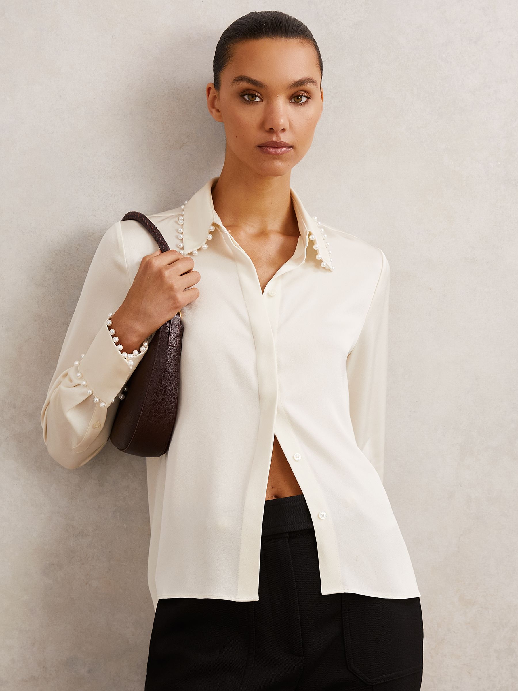 Satin Faux-Pearl Trim Shirt in Ivory - Image 3 of 6
