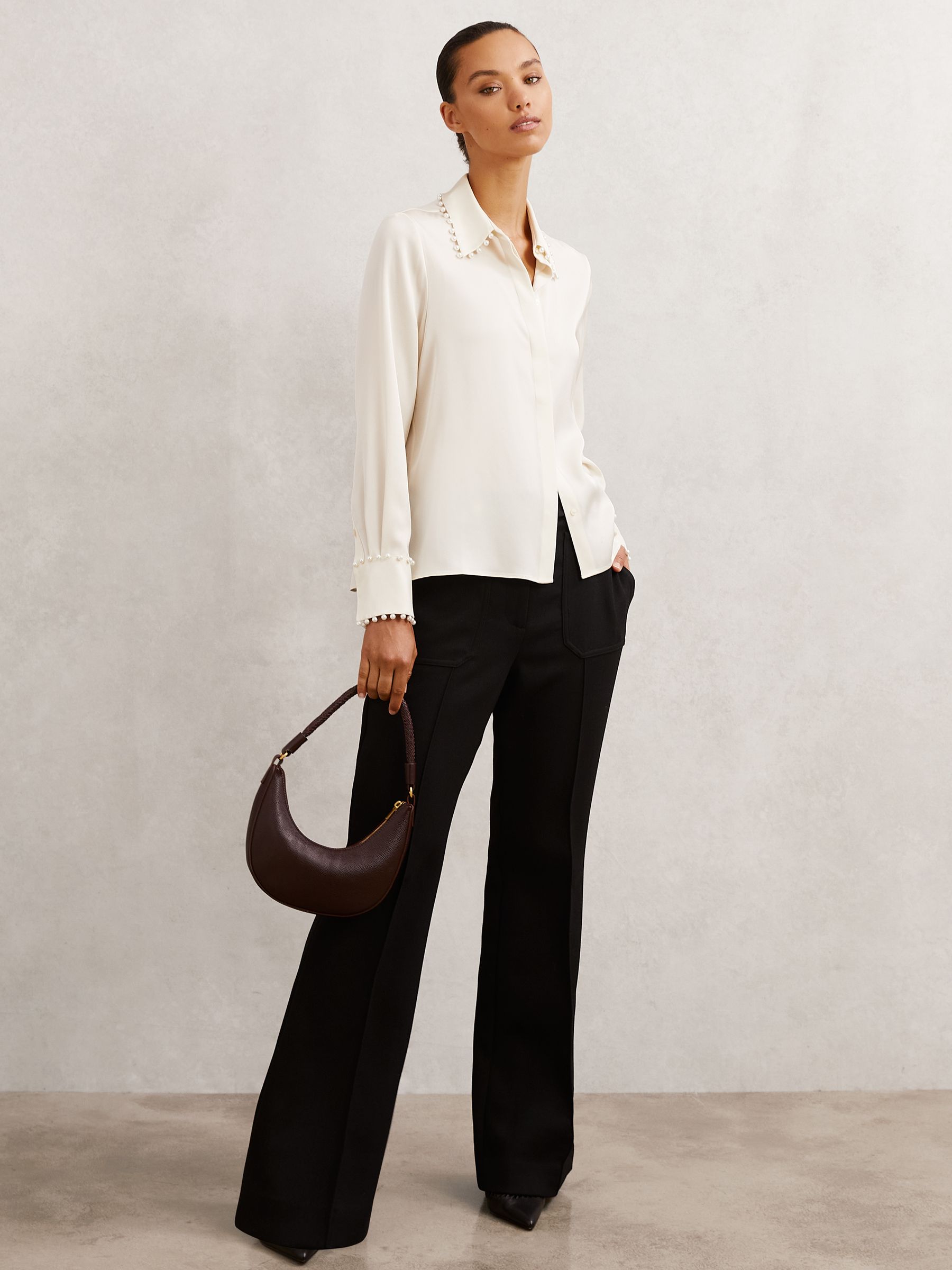 Satin Faux-Pearl Trim Shirt in Ivory - image 5