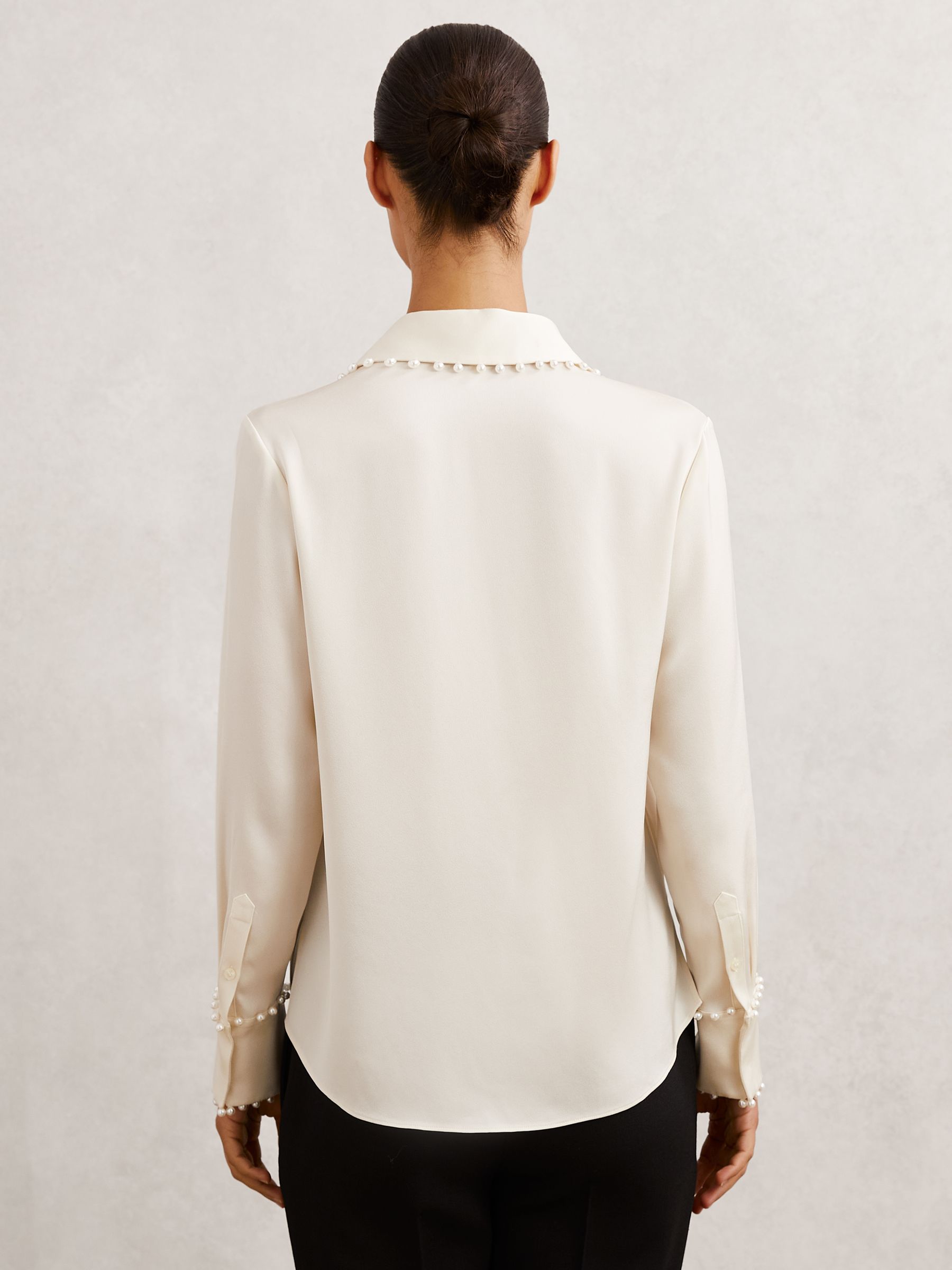 Satin Faux-Pearl Trim Shirt in Ivory - image 4