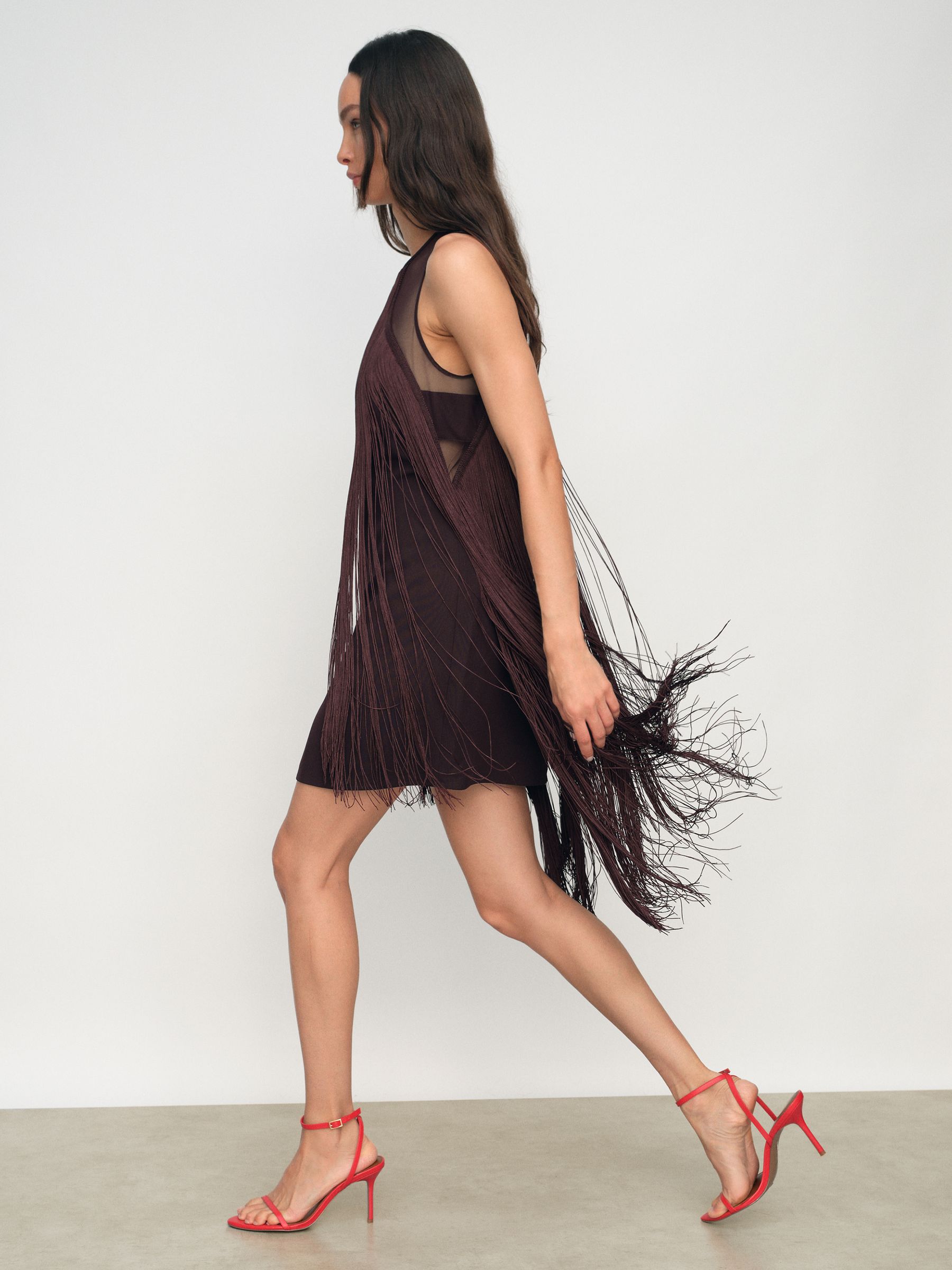 Fringe-Detail Sheer-Panel Mini Dress in Burgundy - Image 1 of 7
