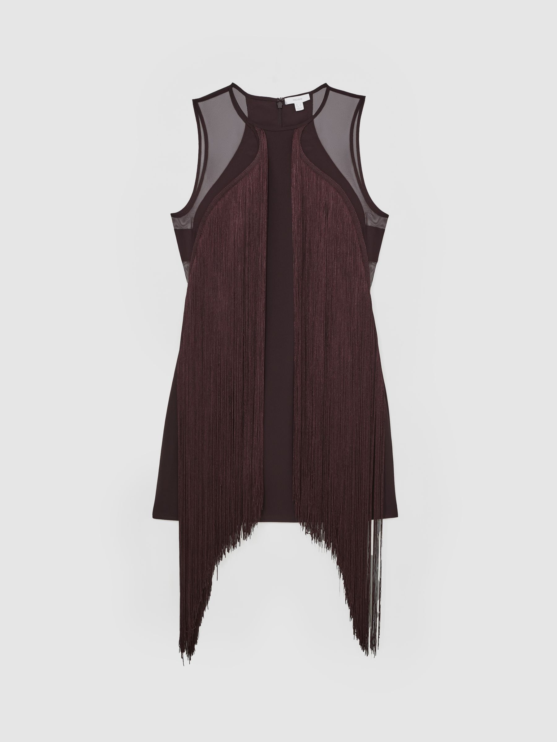 Fringe-Detail Sheer-Panel Mini Dress in Burgundy - Image 2 of 7