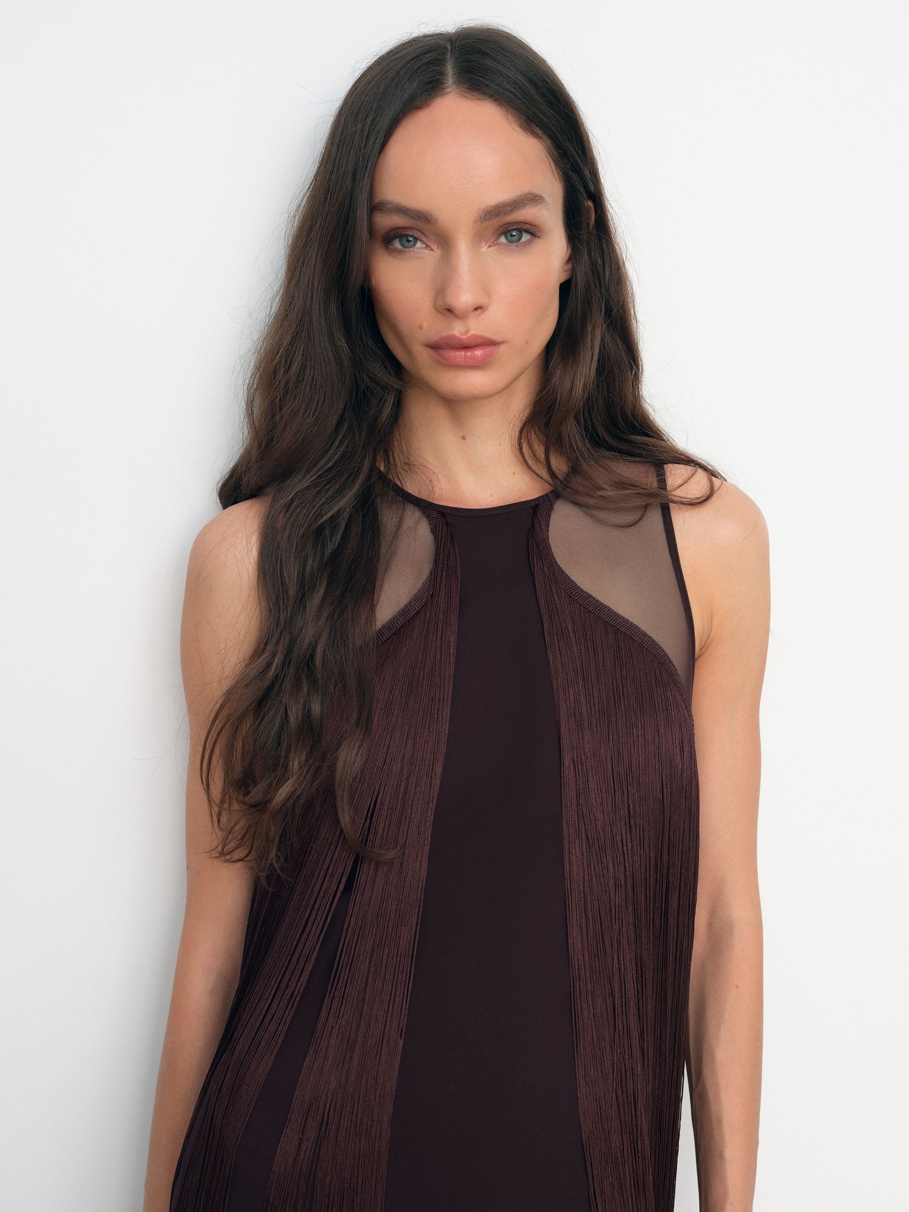 Fringe-Detail Sheer-Panel Mini Dress in Burgundy - Image 4 of 7