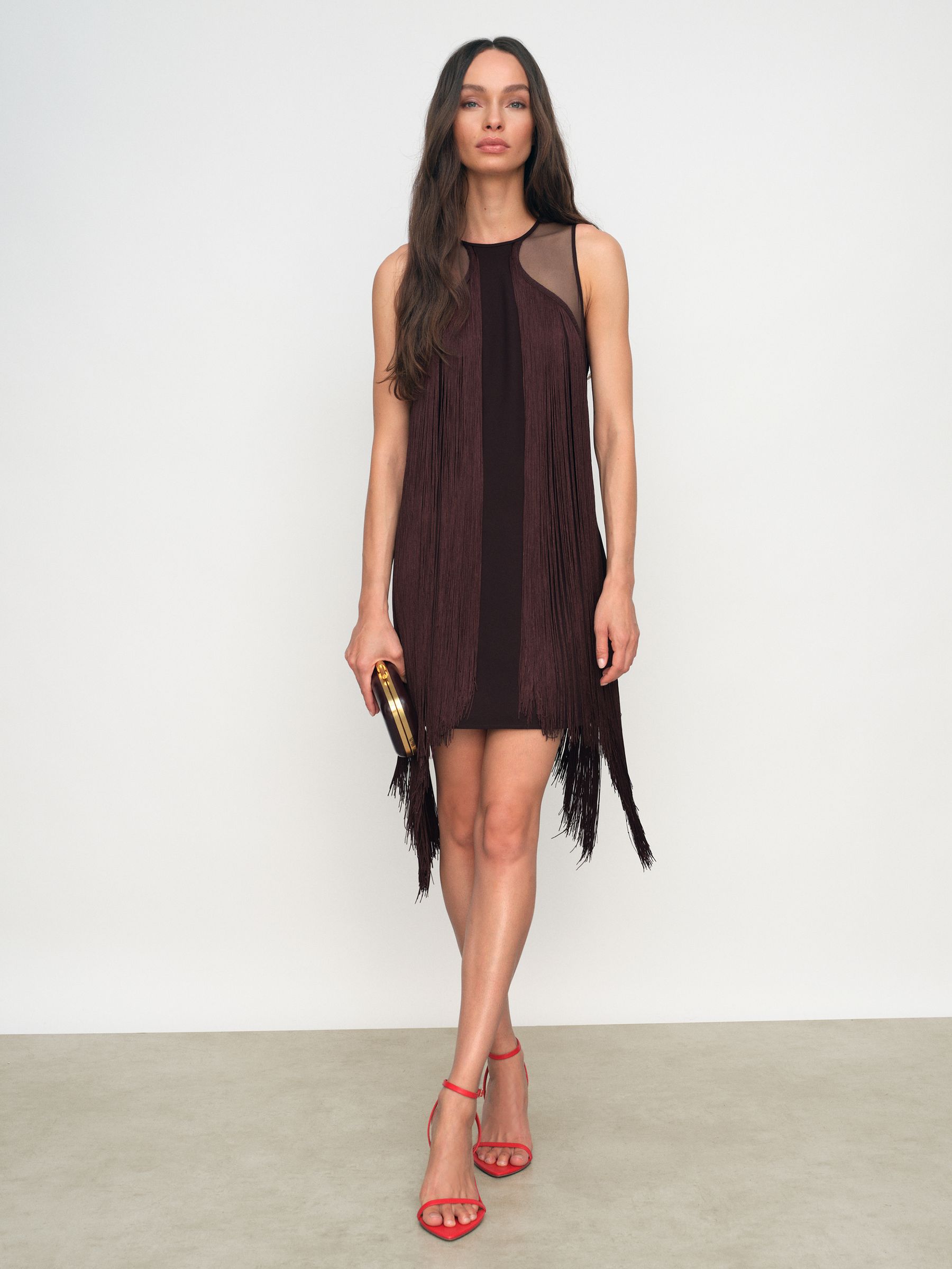Fringe-Detail Sheer-Panel Mini Dress in Burgundy - Image 5 of 7