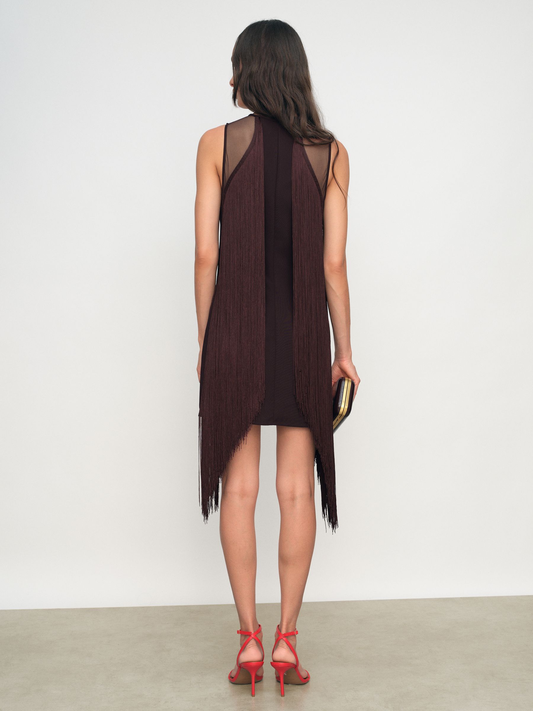 Fringe-Detail Sheer-Panel Mini Dress in Burgundy - Image 6 of 7