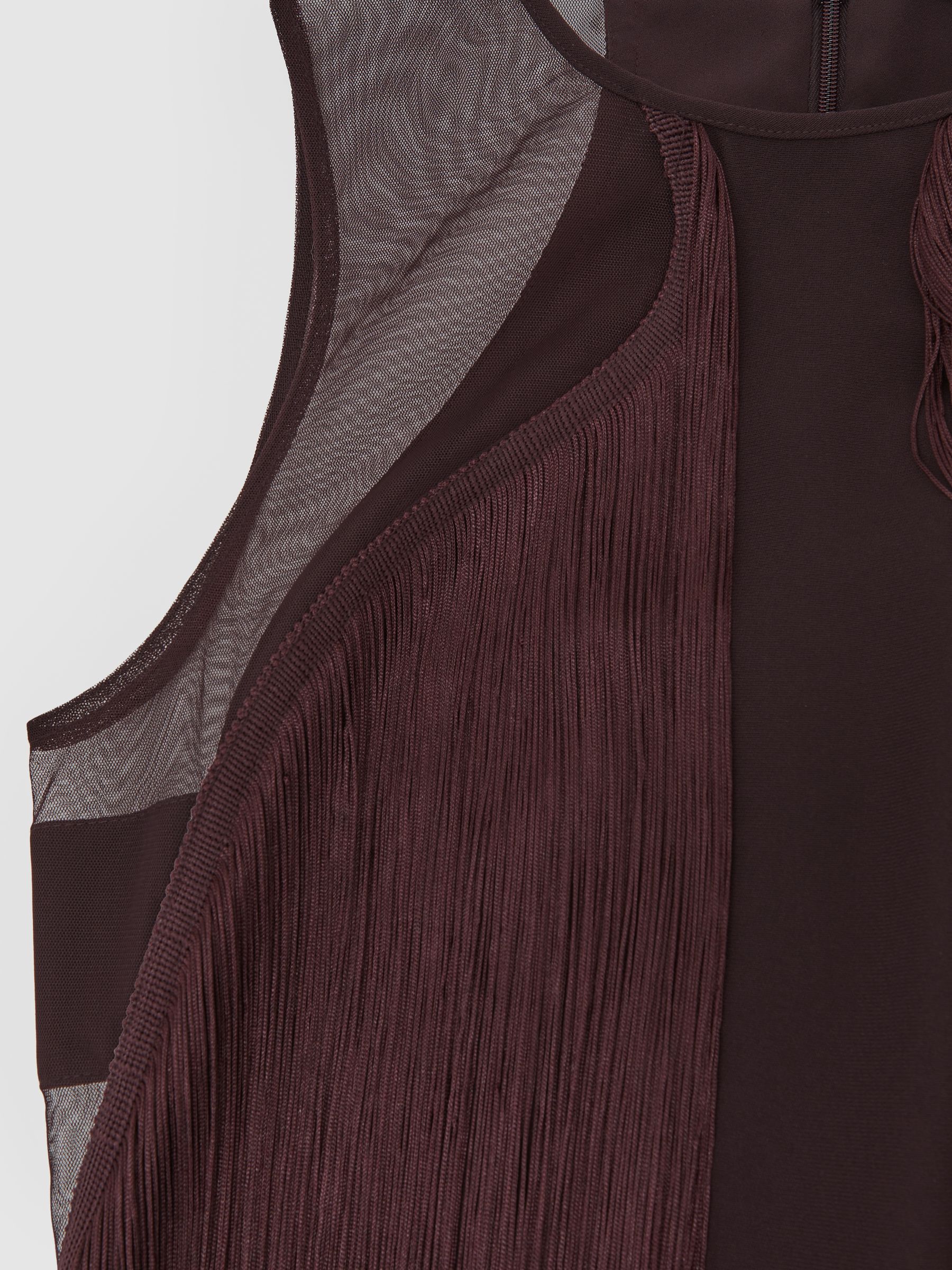 Fringe-Detail Sheer-Panel Mini Dress in Burgundy - Image 7 of 7