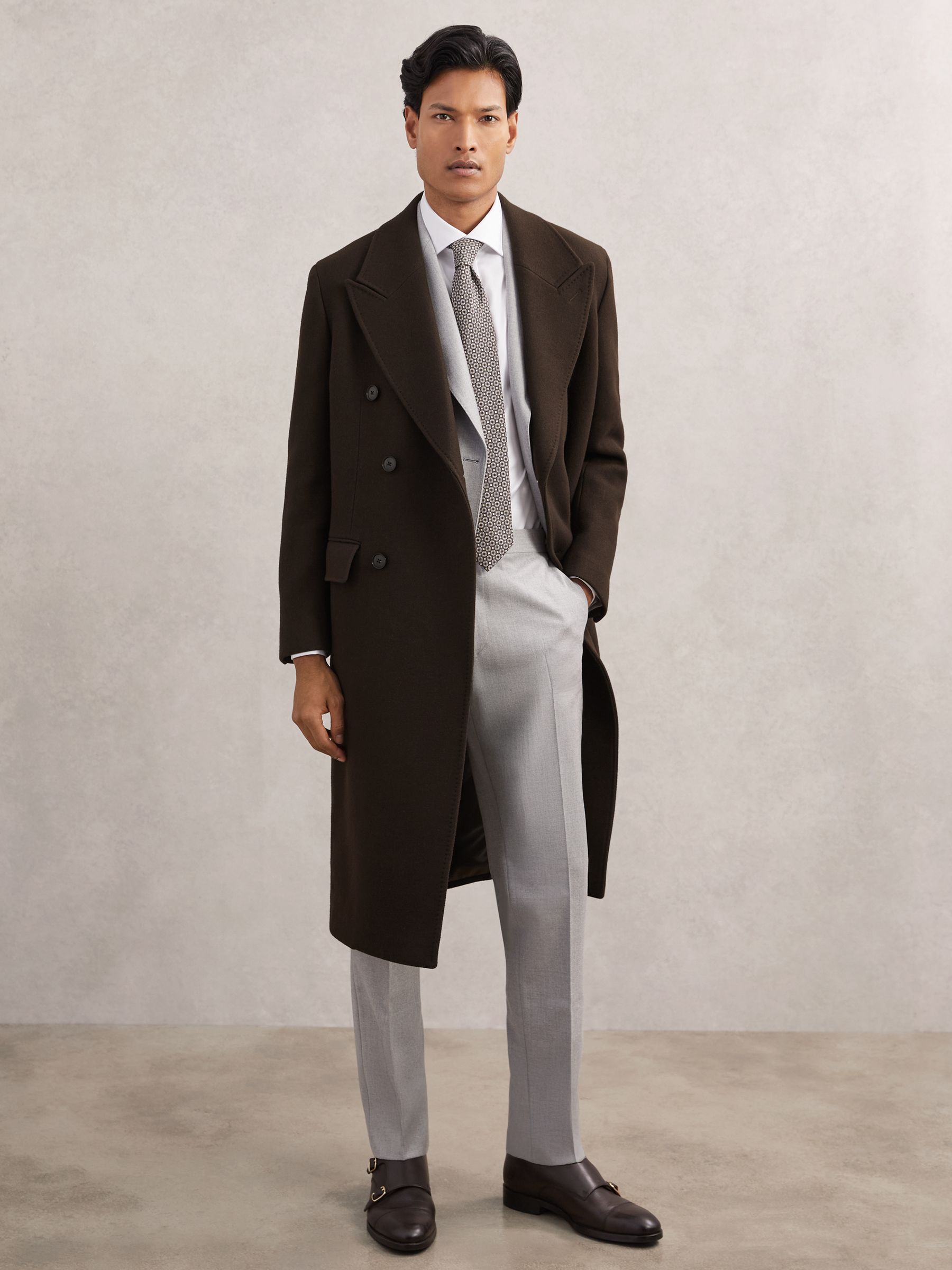 Wool-Blend Double-Breasted Overcoat in Chocolate Brown - Image 1 of 7