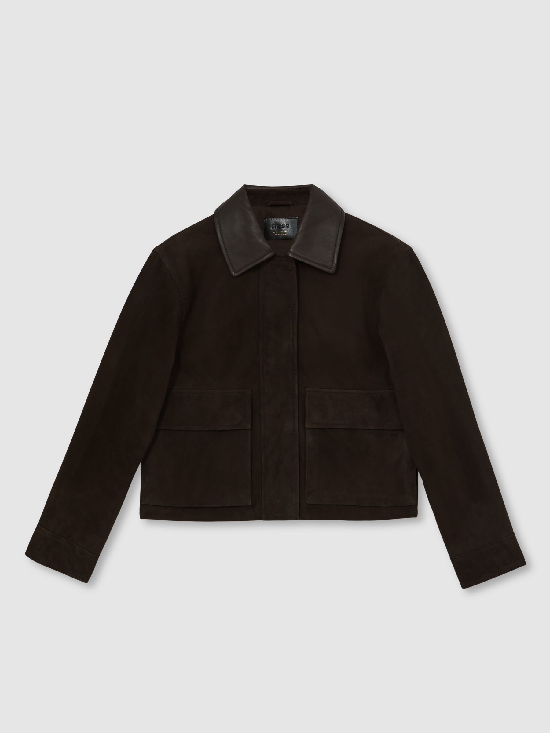 Leather-Collar Suede Jacket in Chocolate Brown - Image 2 of 6